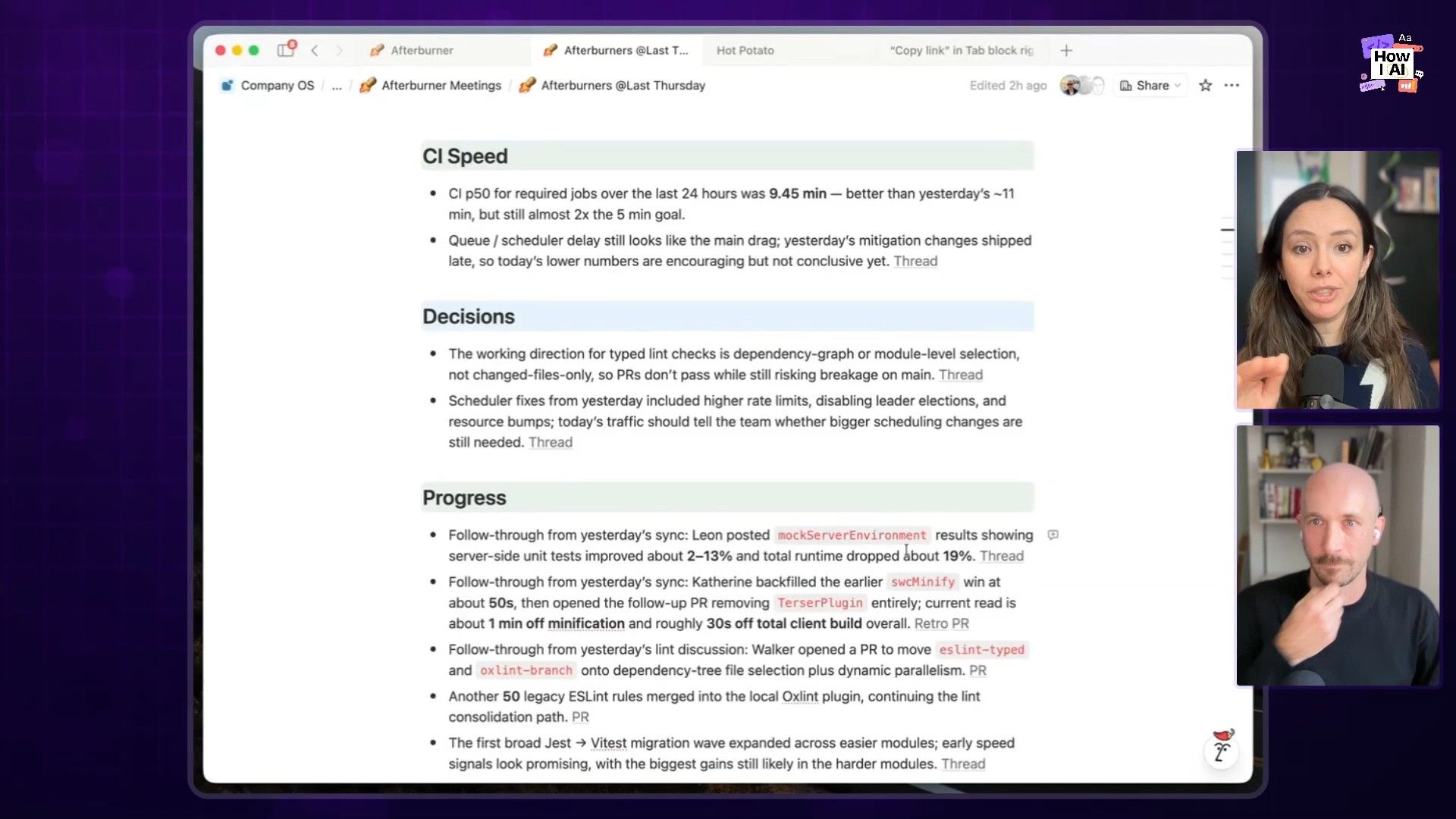 A Notion page titled 'Hot Potato' displays detailed engineering progress notes, including CI speed metrics, decisions on lint checks, and updates on migrations involving tools like ESLint, Oxlint, Jest, and Vitest. The content is presented alongside two podcast hosts.