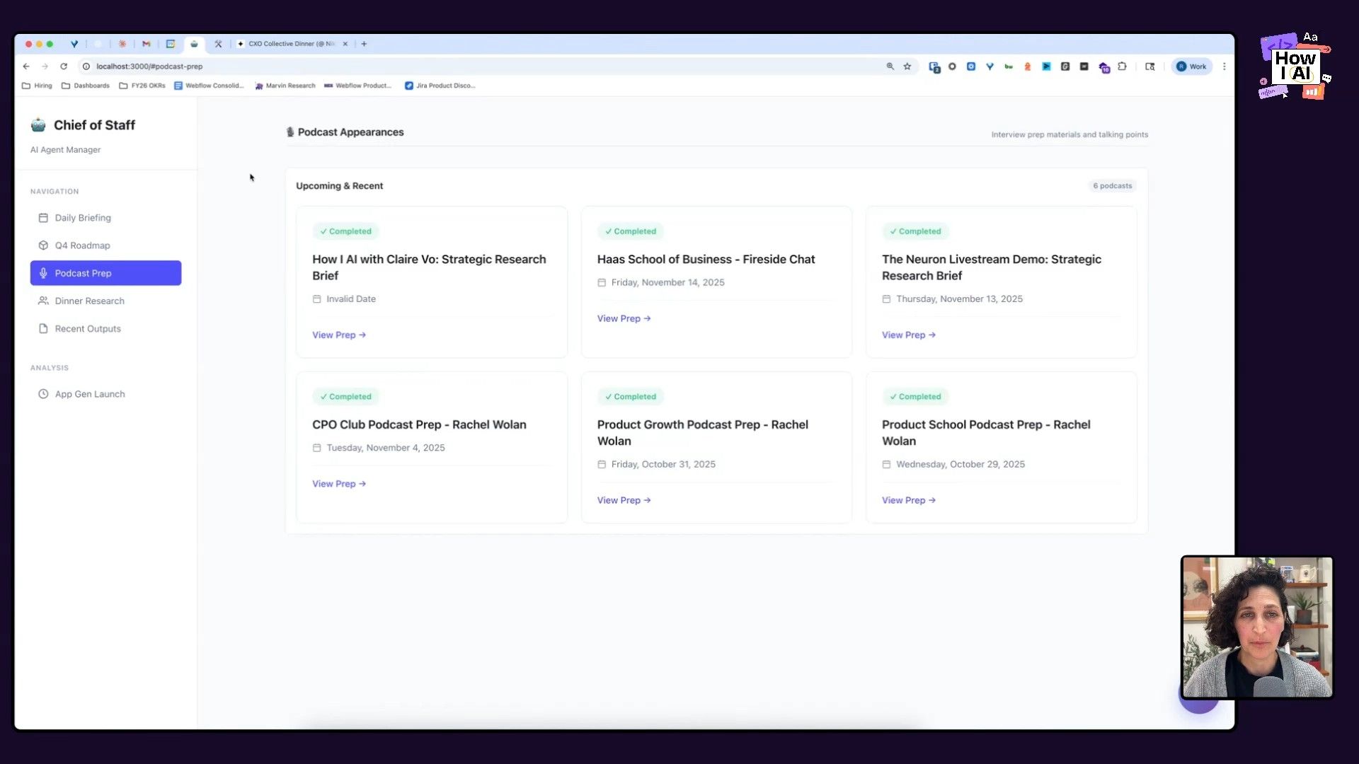 The 'Chief of Staff' AI Agent Manager web application, specifically its 'Podcast Prep' module, displaying a list of completed and upcoming podcast appearances with preparation details.