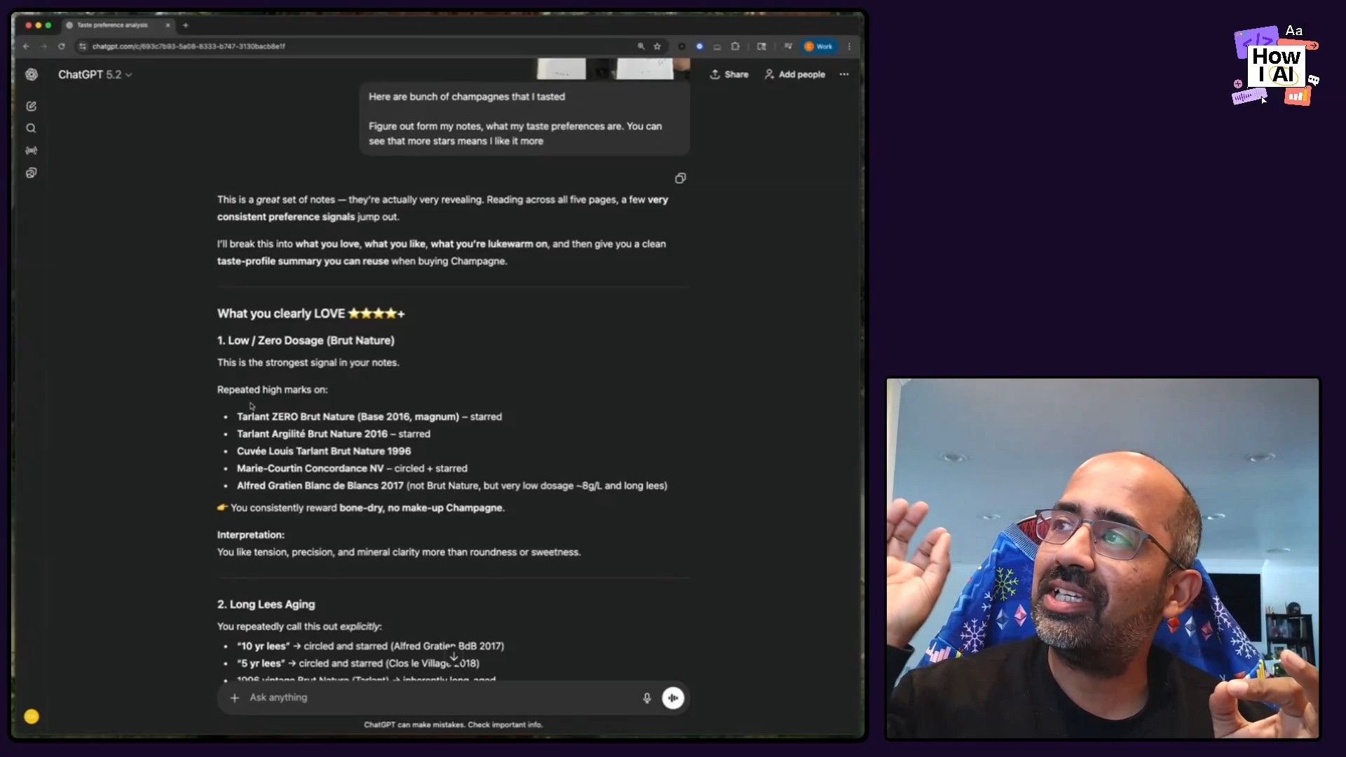 A detailed taste profile for Champagne, generated by ChatGPT, analyzes preferences for low/zero dosage and long lees aging based on user notes. This screenshot captures the AI's output alongside the speaker.