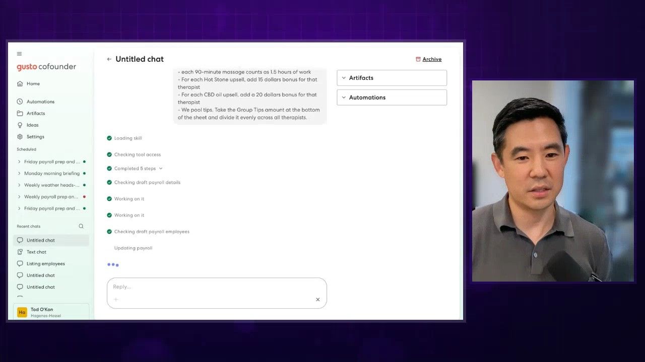 The Gusto Co-founder web interface showing the payroll calculation in progress