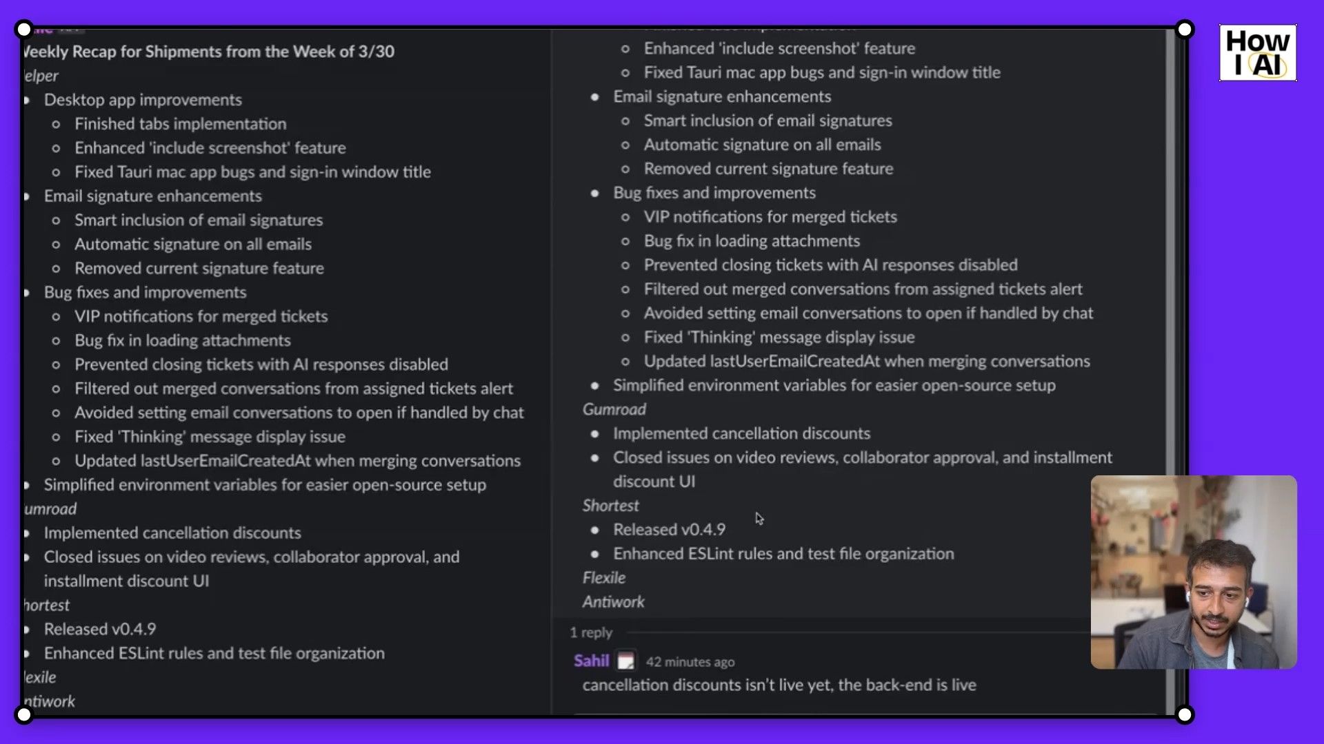A software changelog details recent updates including desktop app improvements, email signature enhancements, and bug fixes, specifically mentioning 'ESLint rules' and a user comment about backend status, providing insights into development progress.