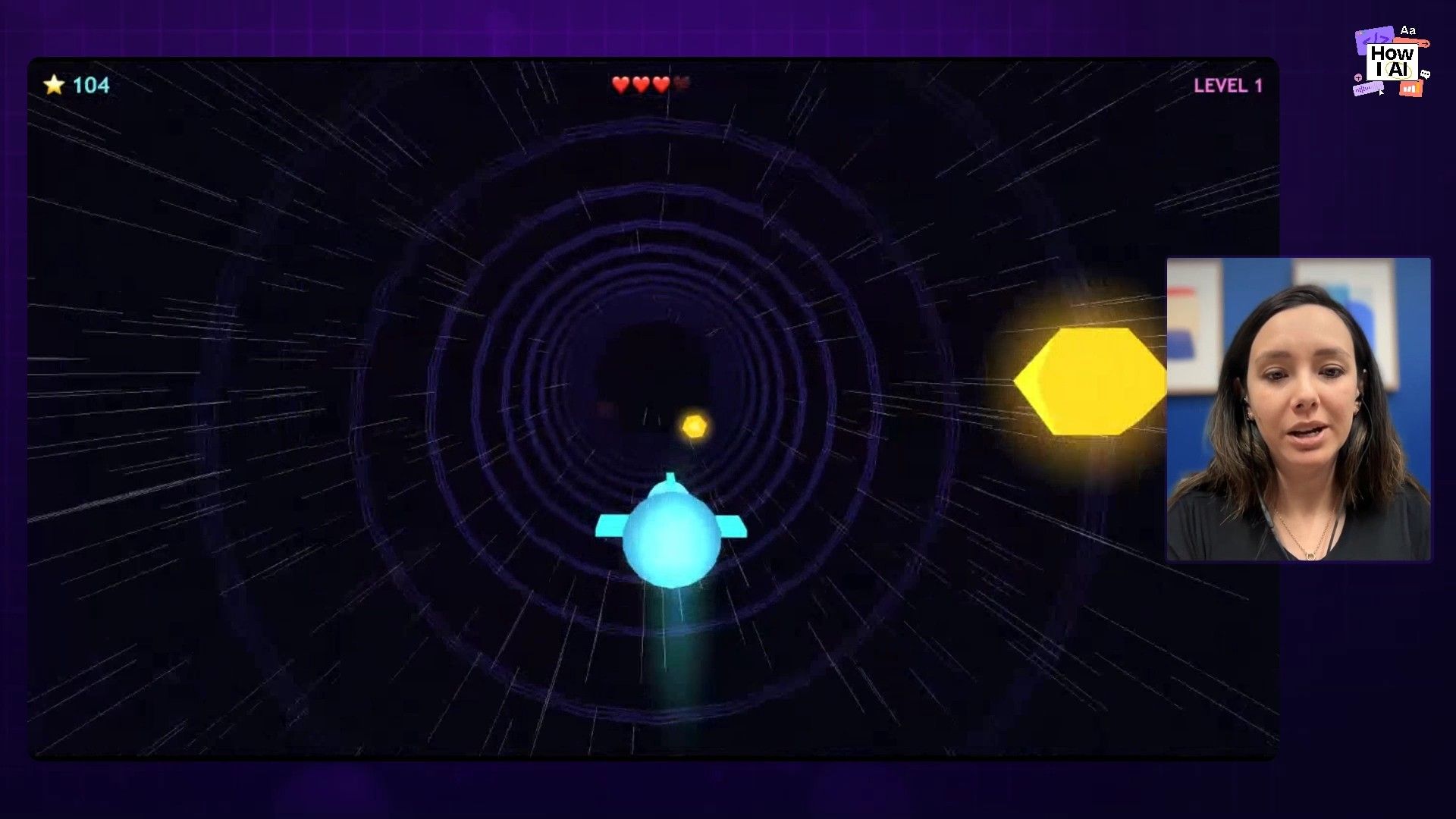 A look at the simple 2D game interface featured in the podcast, showcasing the night sky, stars, a moon, and a basket, with a score of 0, four lives, and currently on Level 2.