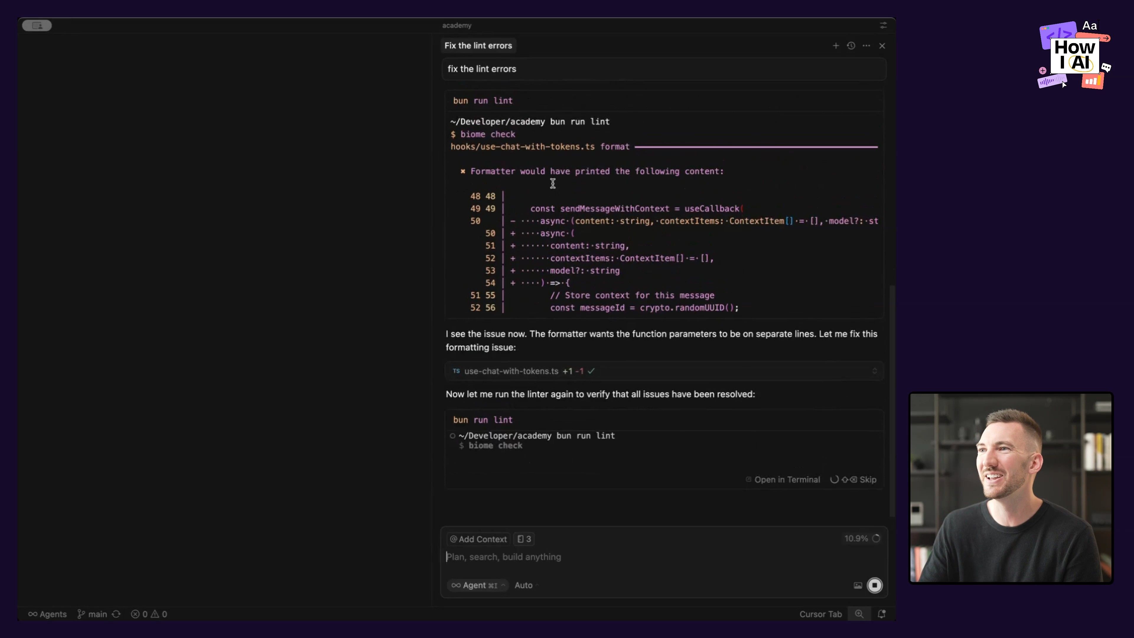 An AI agent within a code editor (likely VS Code) helps a developer 'fix the lint errors' by suggesting code formatting changes and running linter commands. The screenshot shows a TypeScript code diff and an interactive AI conversation.