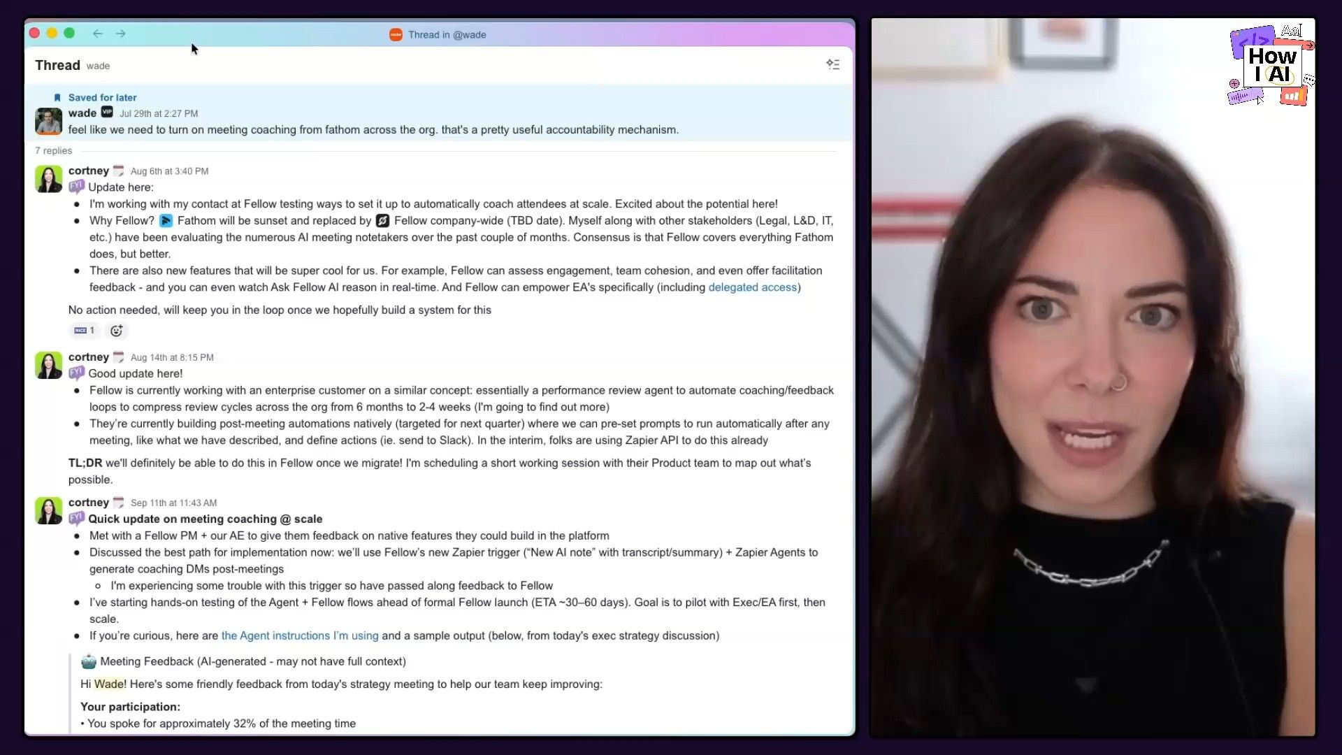 A detailed Slack conversation showcasing AI-generated meeting feedback and discussion, demonstrating the practical application of AI in team communication and performance coaching.