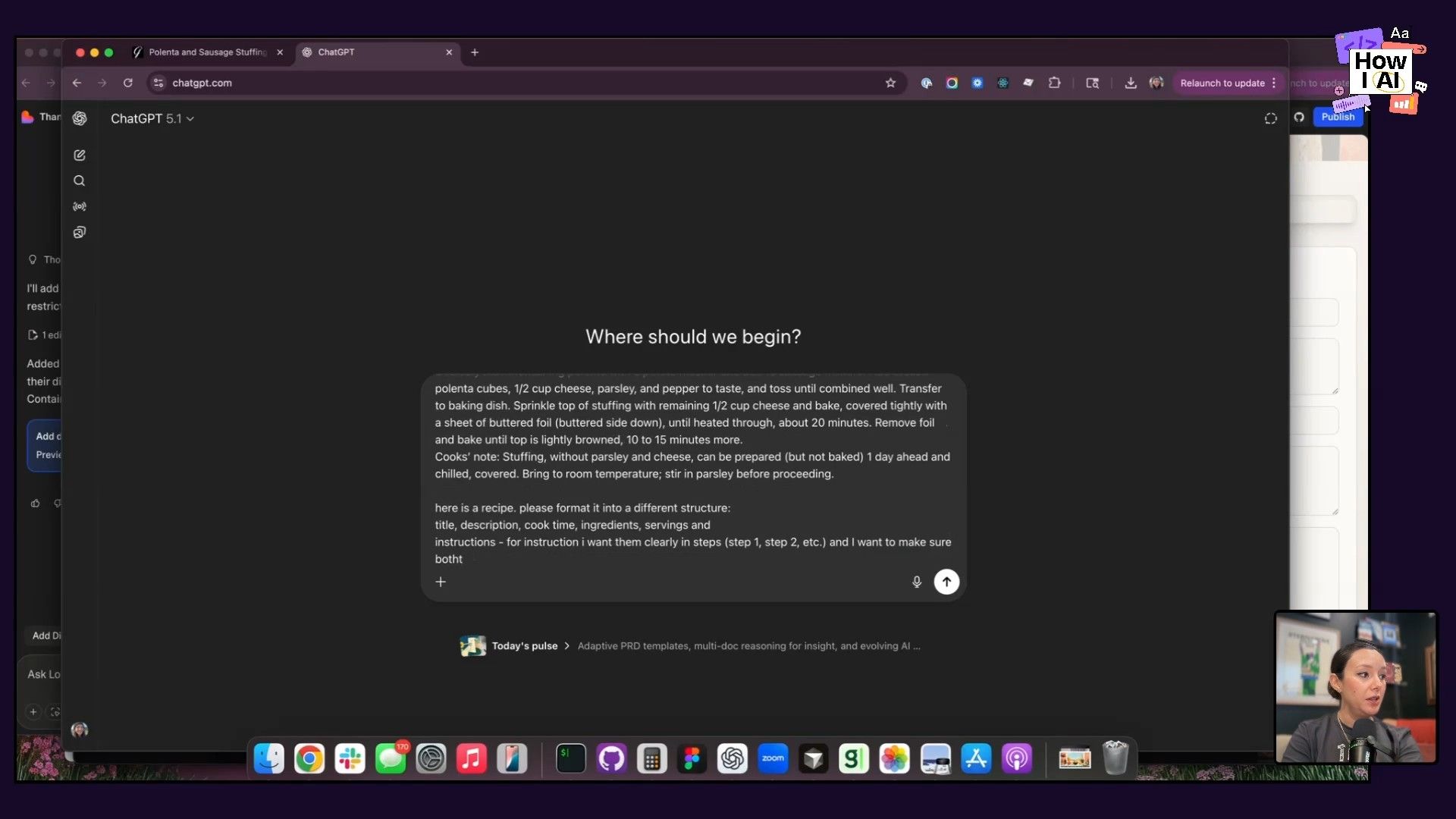 A detailed AI prompt for reformatting a recipe is displayed in the ChatGPT interface, demonstrating a practical application of large language models for structured data generation.