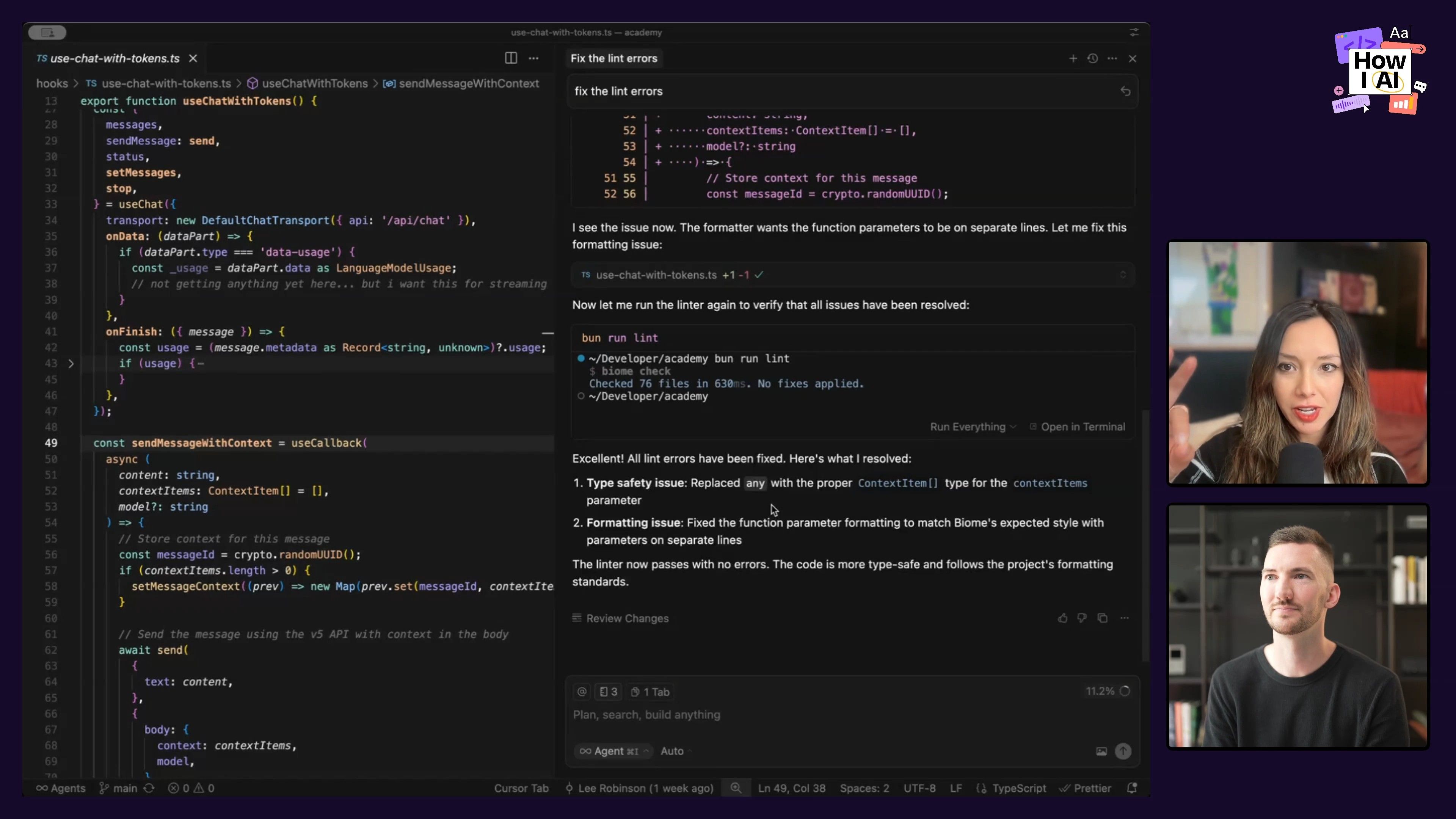 A developer leverages an AI agent to automatically identify and fix linting and type safety errors in TypeScript code within a VS Code-like environment. The AI agent provides terminal commands, a code diff, and detailed explanations of its resolutions.