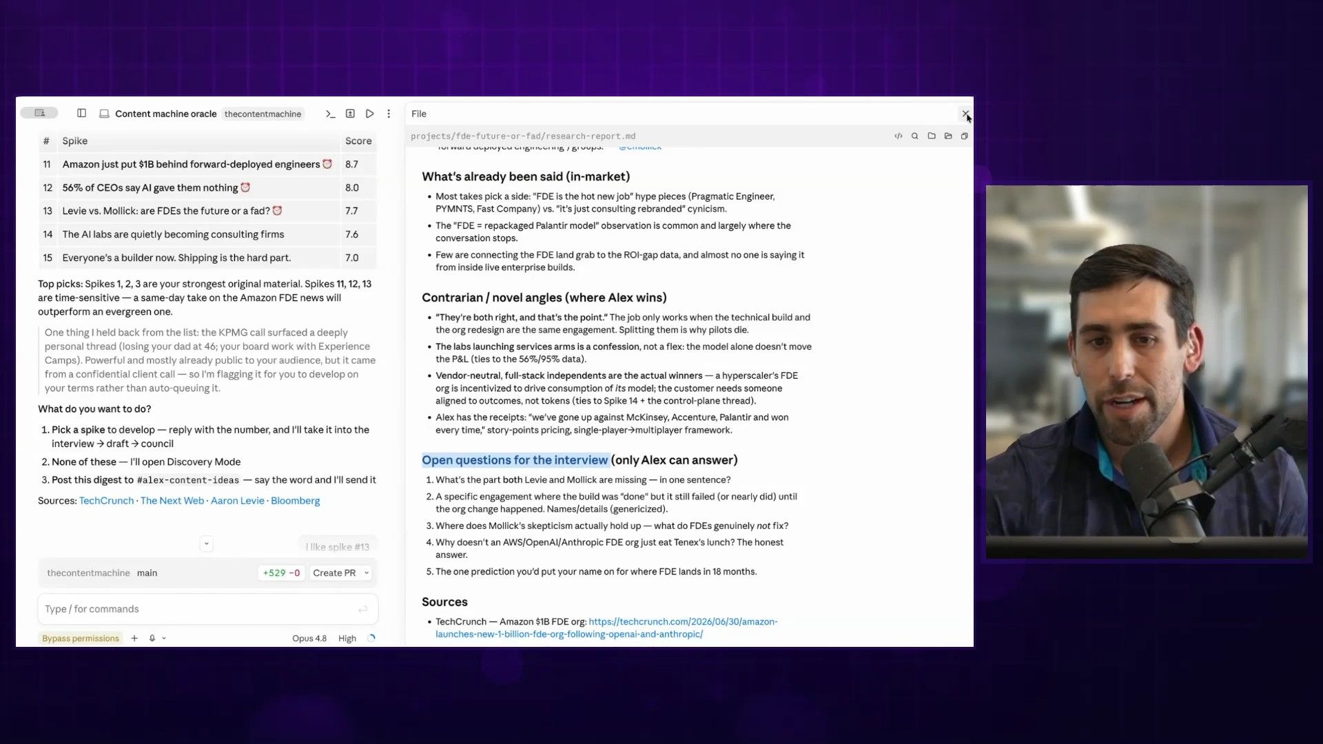 The Claude interface showing Larry King's persona asking Alex a follow-up question