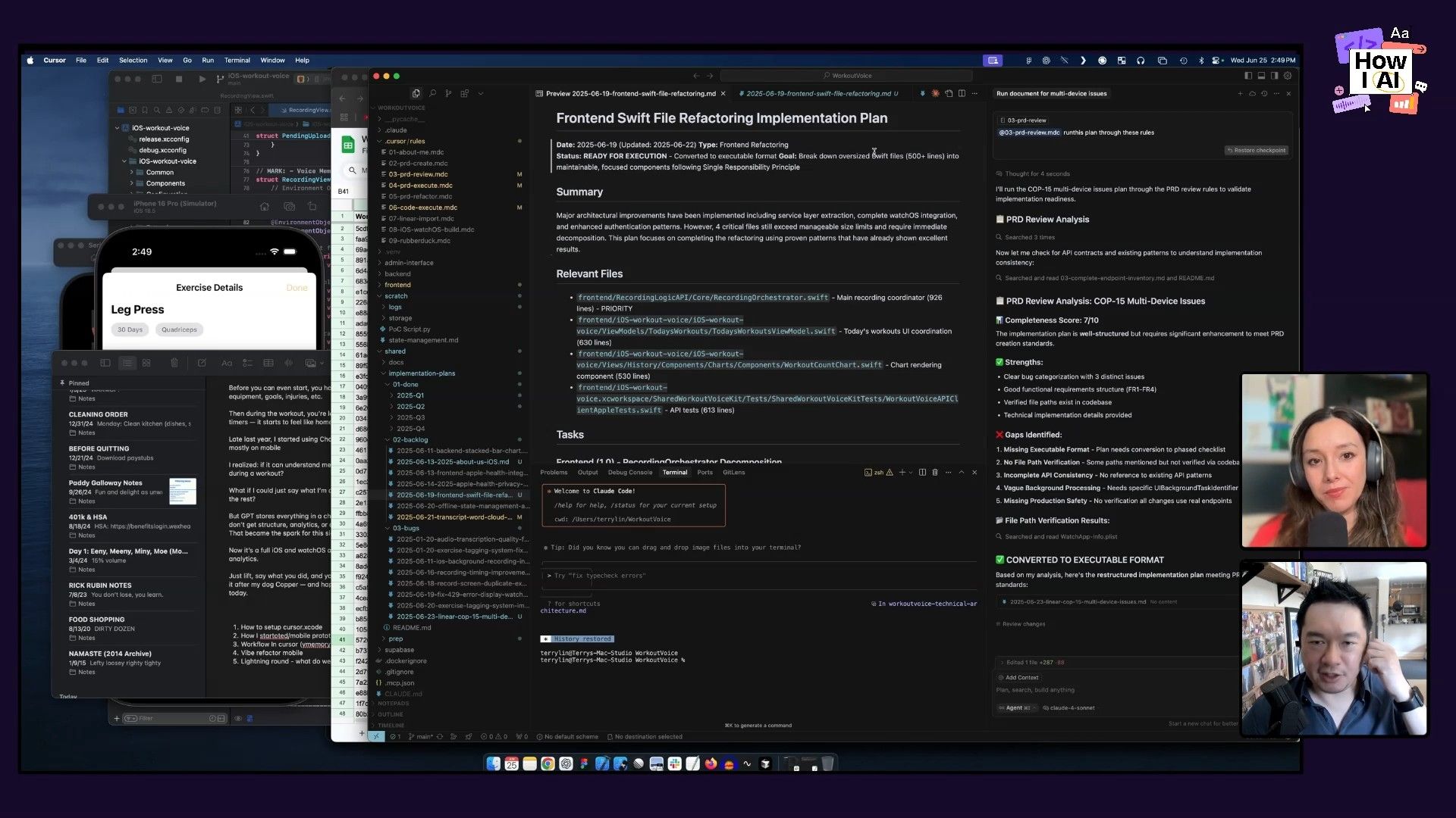 A detailed look at a Swift refactoring plan and PRD review analysis within the Cursor editor, demonstrating a complex development workflow during a podcast discussion. The image also shows an iOS simulator and a terminal window, highlighting various aspects of a technical project.