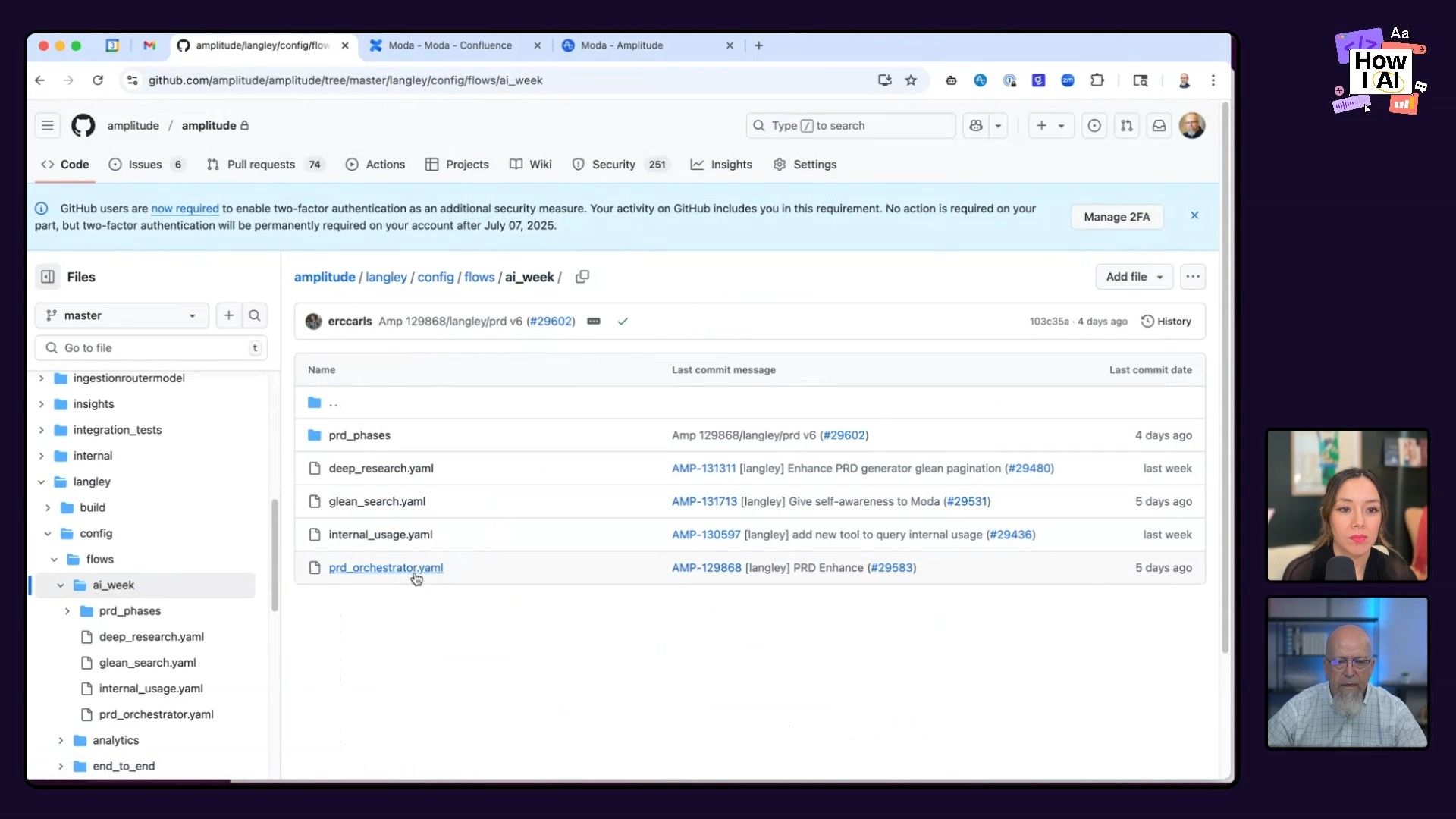A look at Moda’s PRD generation interface in action. The screenshot shows the file structure within a GitHub repository, highlighting the various YAML files used in the PRD generation process, as well as the commit history.