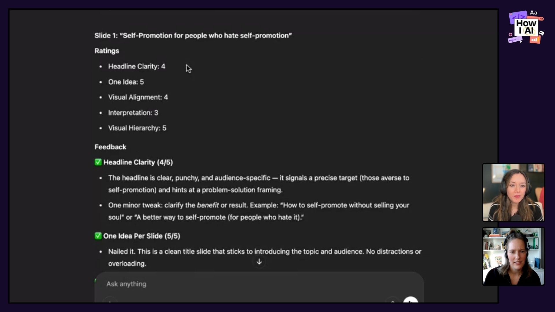 The Deck Doctor GPT in action, displaying comprehensive feedback and a 1-5 rating for a presentation slide, evaluating aspects like headline clarity, visual alignment, and overall idea presentation.