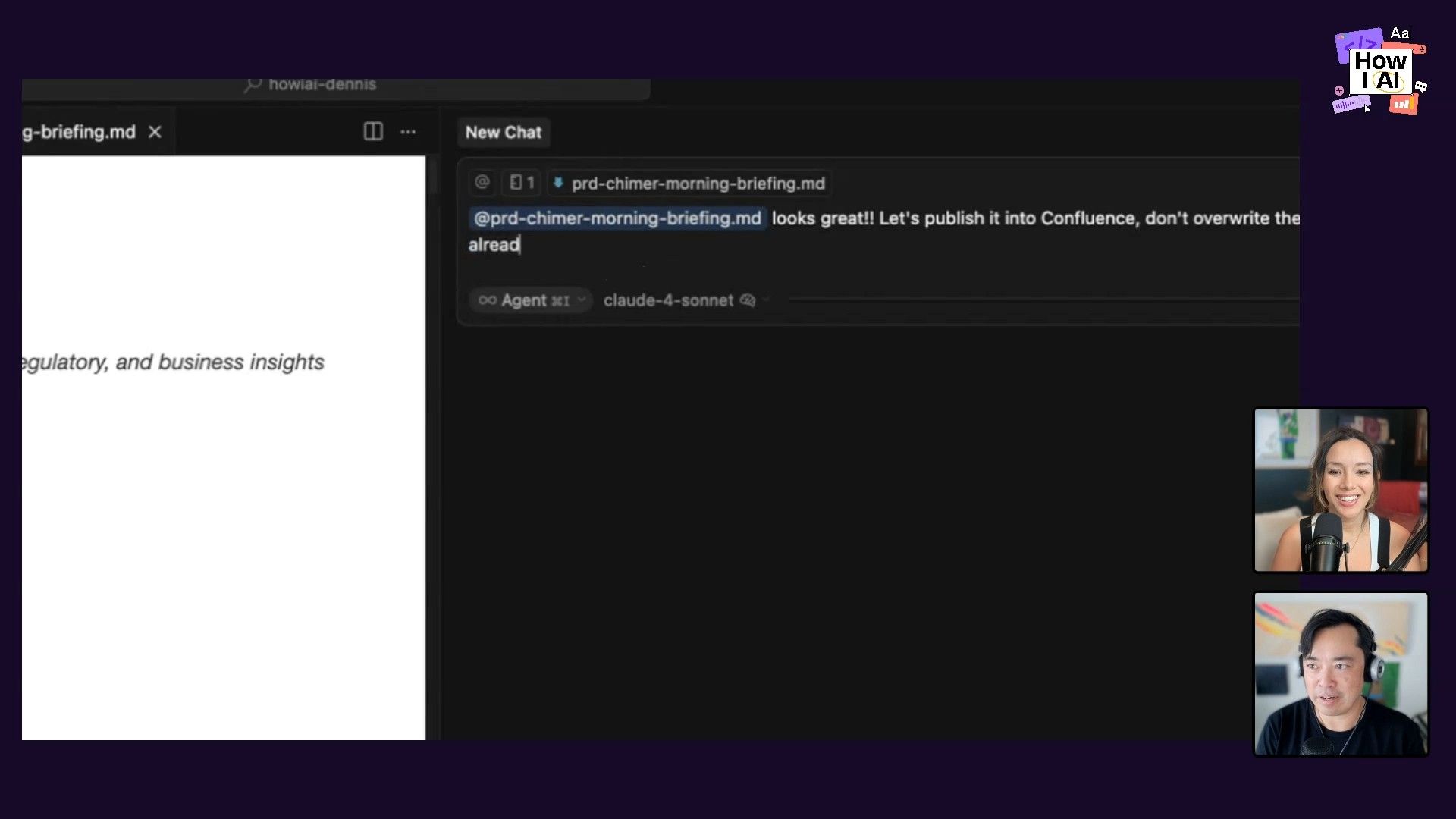 An AI-powered interface displaying a prompt to 'claude-4-sonnet' to publish a PRD document to Confluence, demonstrating AI assistance in documentation workflows.