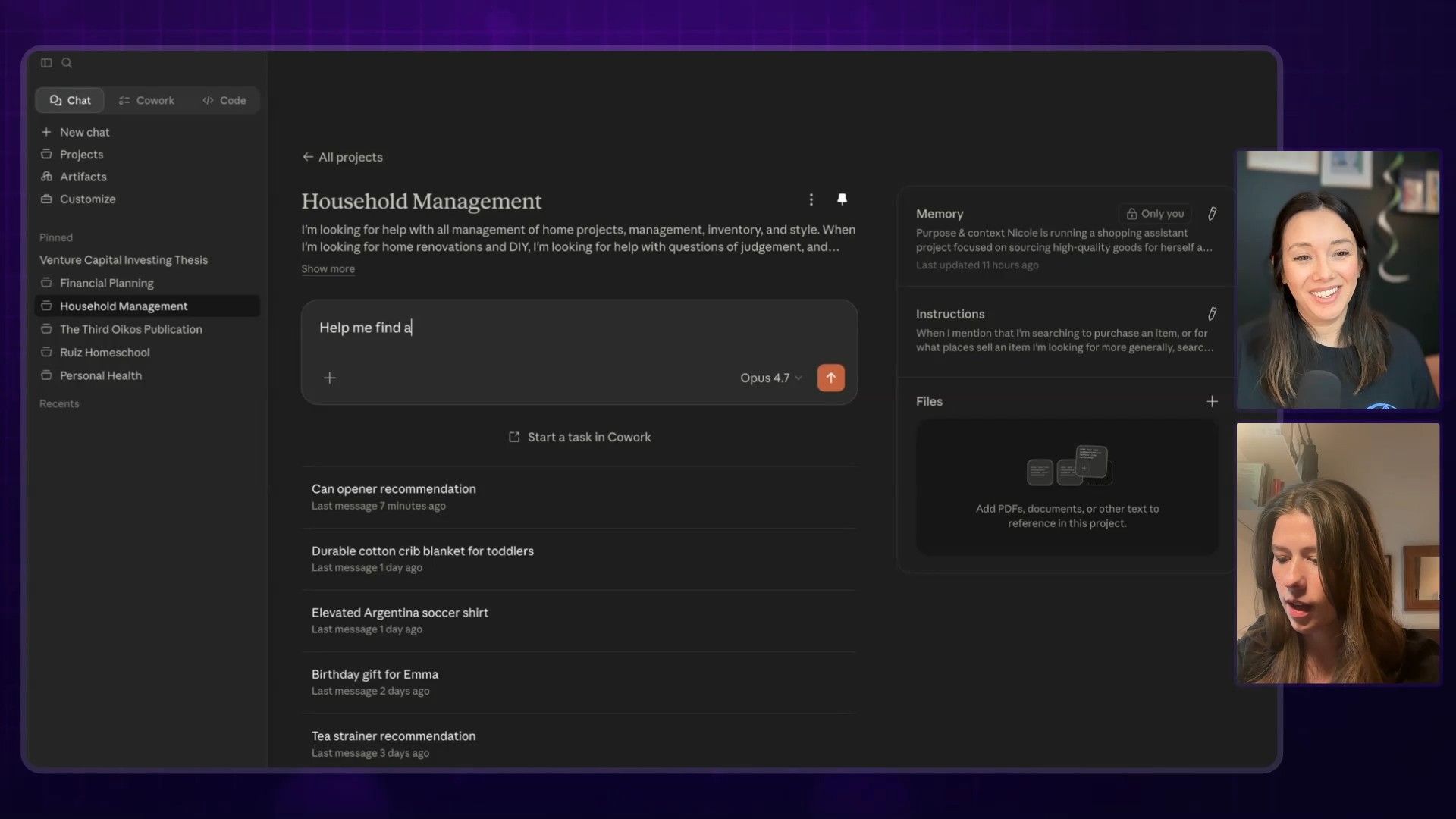 A detailed view of an AI assistant's interface, showing a 'Household Management' project with a partially entered prompt 'Help me find a', various project management features, and recent AI-generated recommendations.