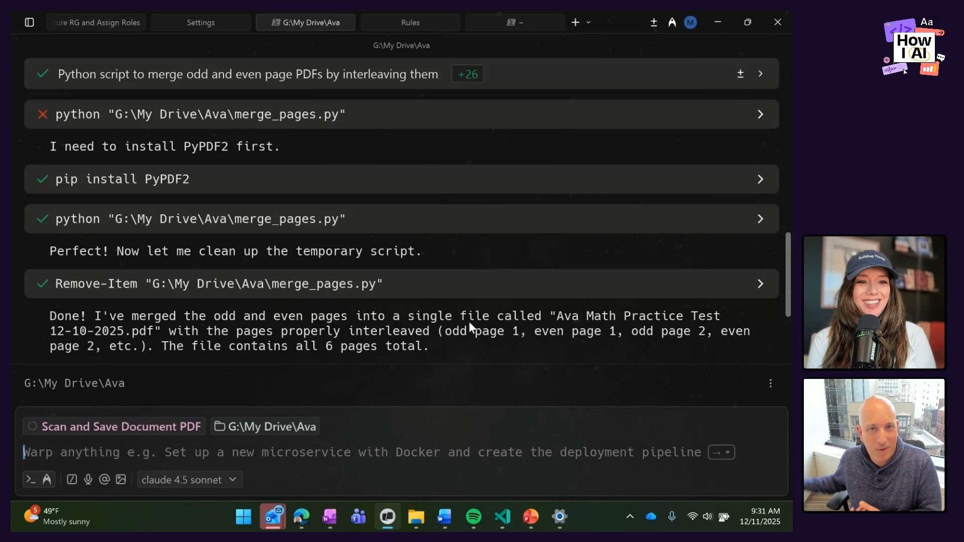 A Warp terminal session demonstrating an AI-assisted workflow for merging odd and even PDF pages using Python commands, including `pip install PyPDF2` and script execution, with successful output confirming file creation.