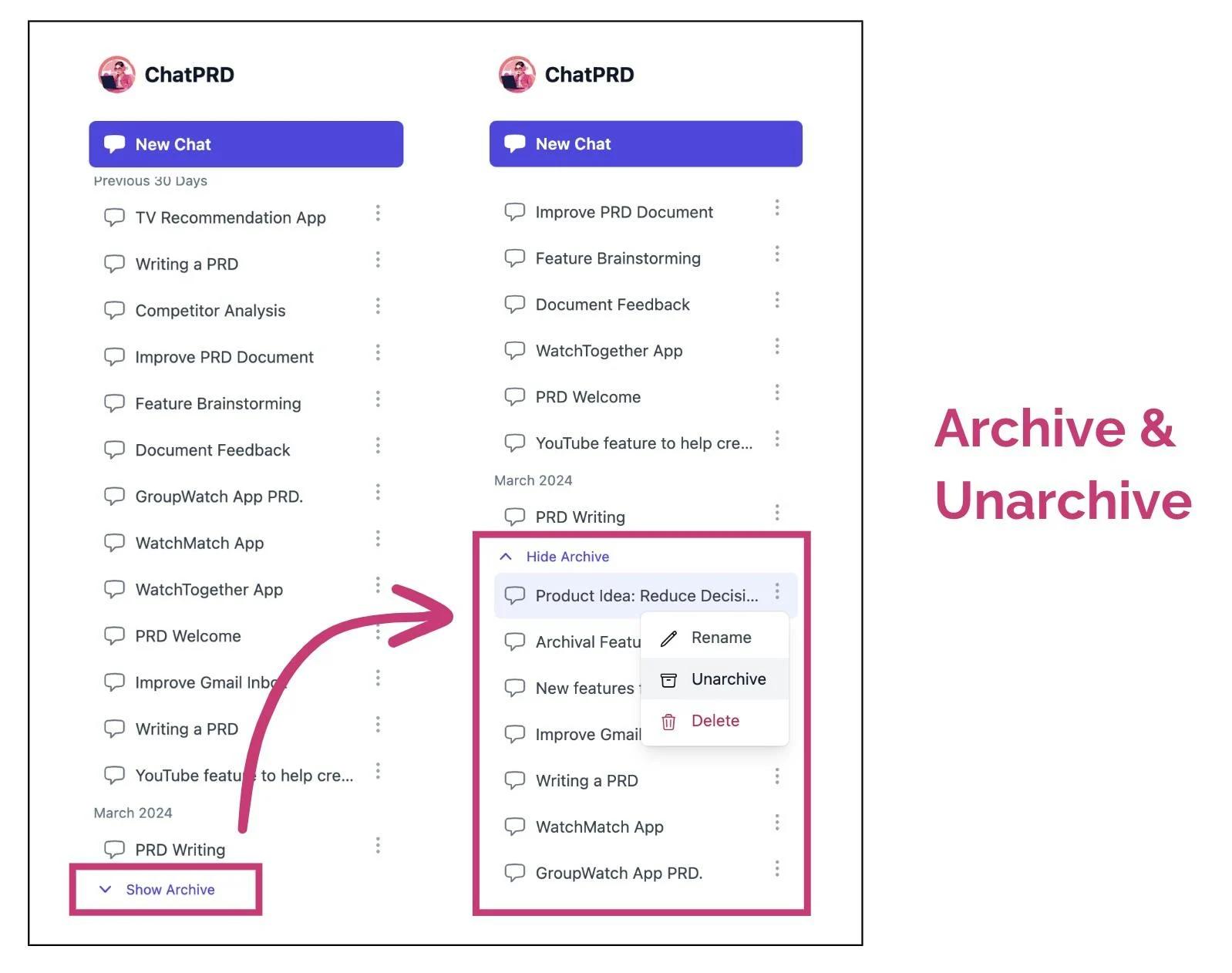 ChatPRD Archive and Unarchive