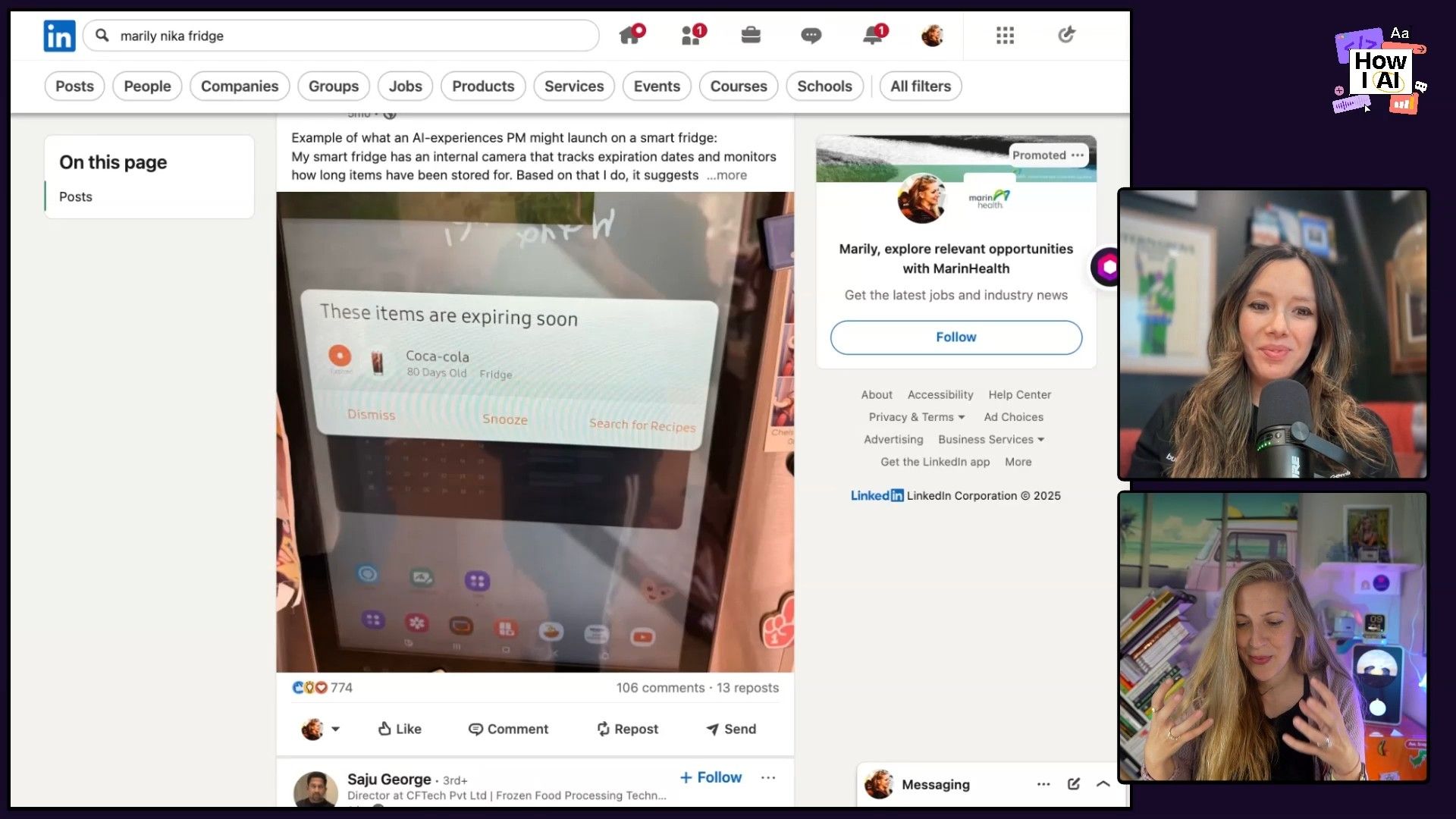A LinkedIn post illustrating a concept for an AI-powered smart fridge interface that notifies users about expiring items, such as a Coca-Cola bottle noted as '80 Days Old', complete with options to 'Dismiss', 'Snooze', or 'Search for Recipes'.