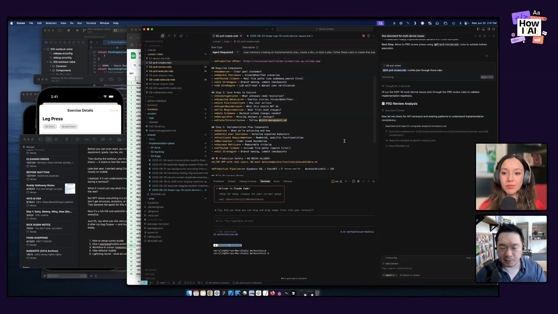 A detailed view of the Cursor AI IDE, showcasing an AI-powered workflow for drafting product requirements, reviewing code, and generating plans, alongside terminal commands and an iOS app simulation. Podcast hosts observe the process.