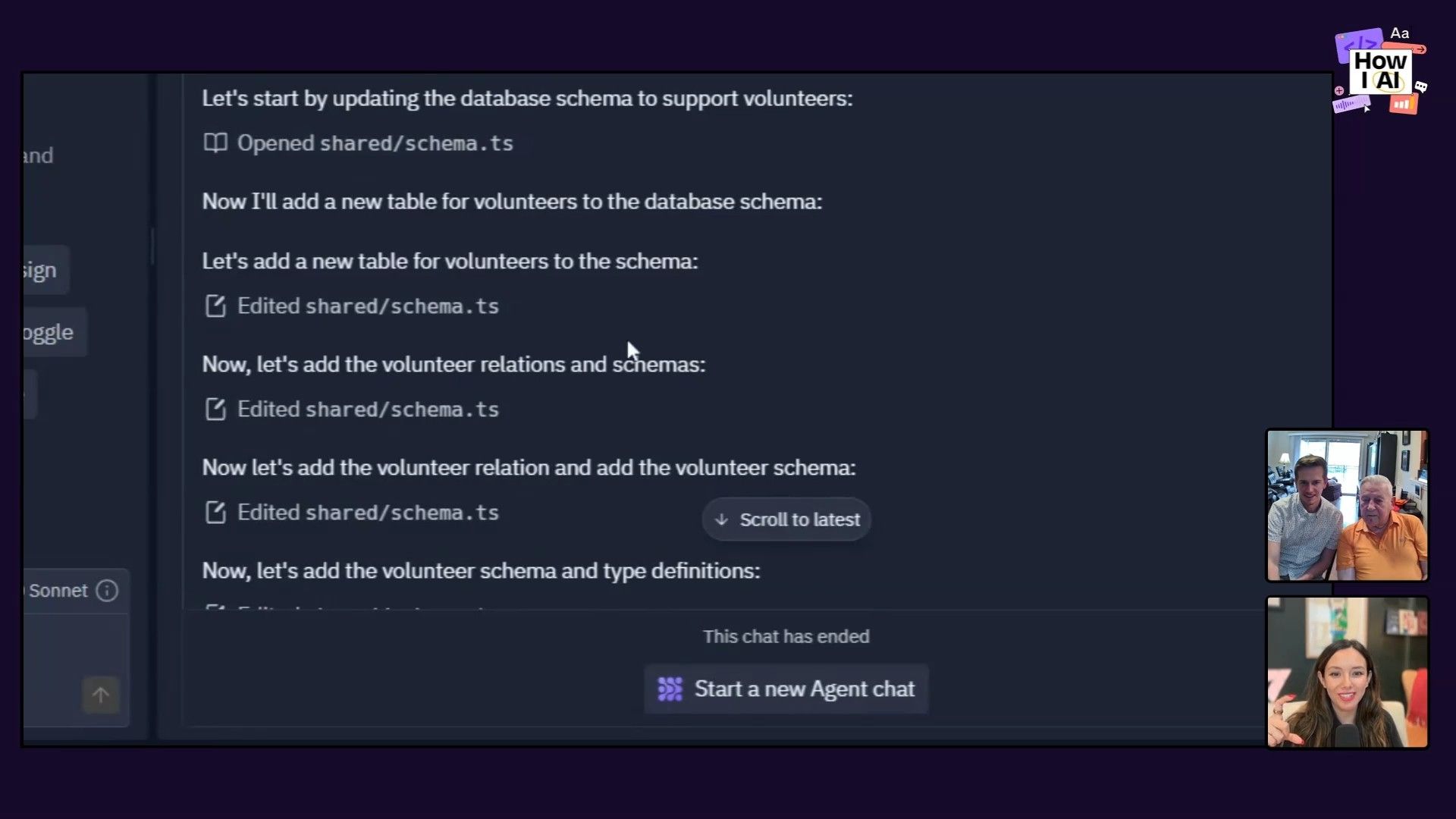 An AI agent interface, possibly Replit, displaying a detailed user prompt for developing a new 'Volunteers' feature within a 'Testimony Church Event Dashboard', showcasing the conversational interaction with an AI assistant for software development tasks.