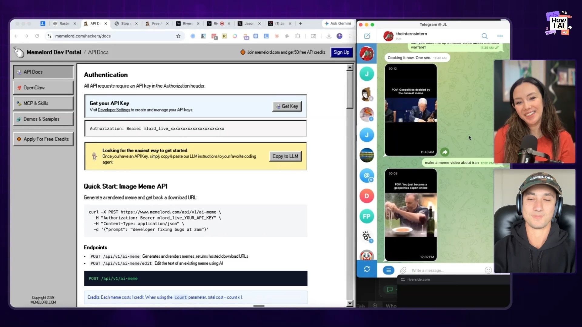 An AI bot demonstrates meme video generation in a Telegram chat, responding to a user's prompt about 'memetic warfare'. The interface also shows an offer for API credits on 'memelord.com', highlighting the integration of AI tools.