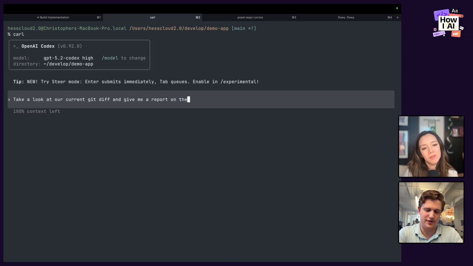 A developer configures the OpenAI Codex tool within a terminal, setting the AI model and project directory, before entering a prompt to summarize recent commits.