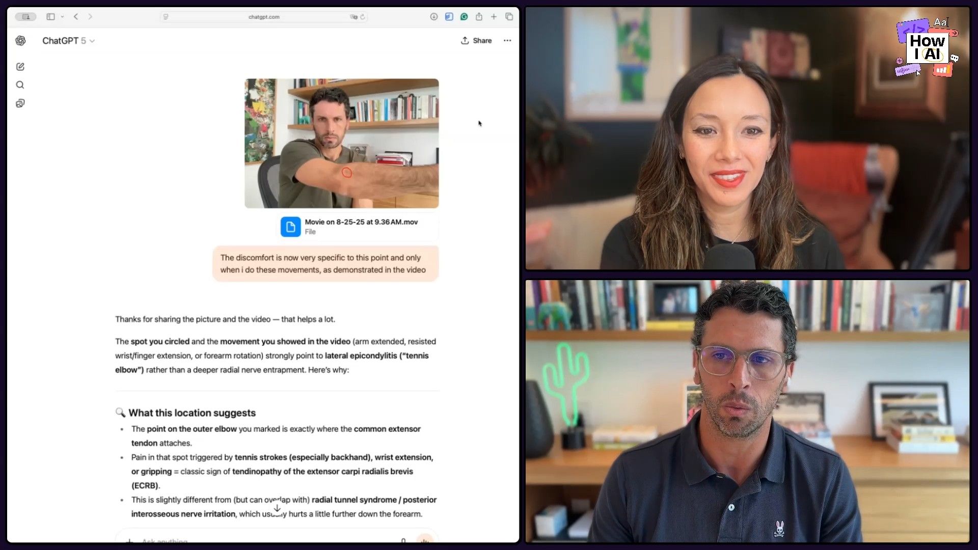 A detailed look at ChatGPT 5's multimodal capabilities, as Lucas uses the AI to analyze his elbow pain from an uploaded image and video, receiving a comprehensive medical assessment.