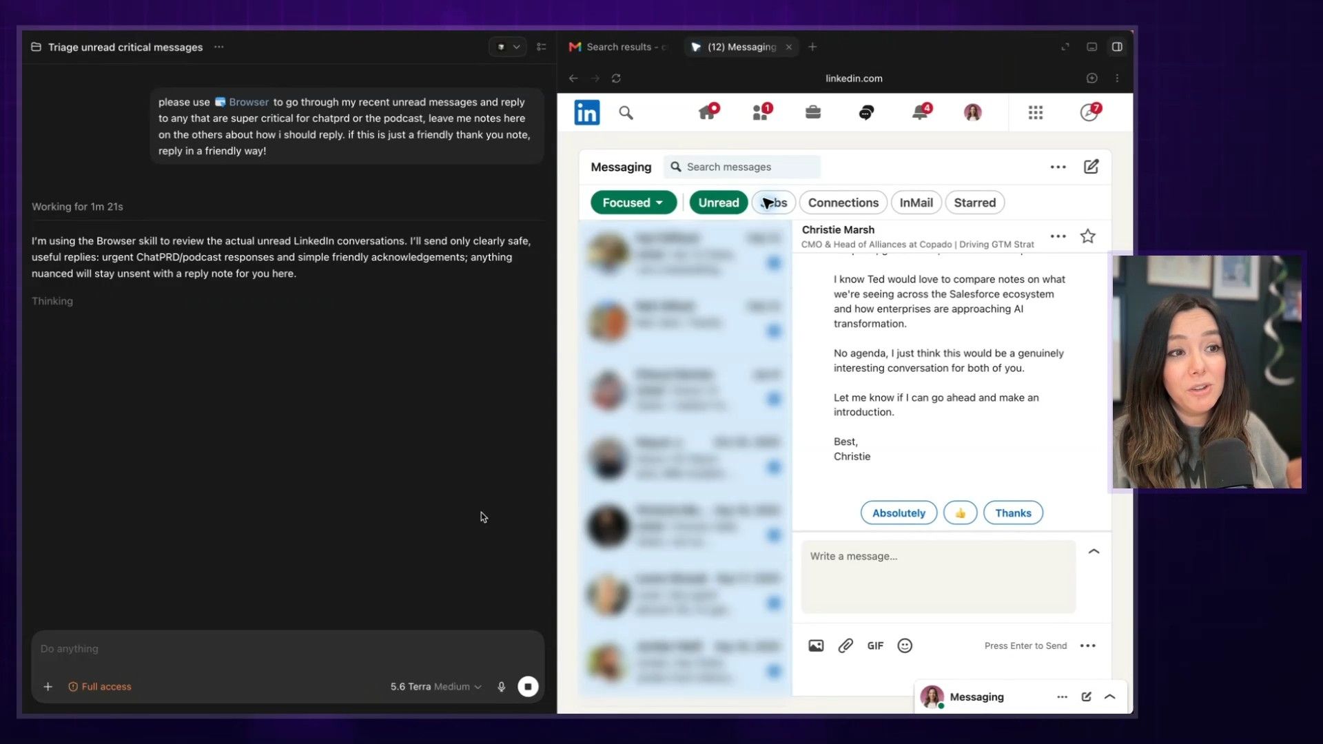 Codex browsing through LinkedIn messages in the side panel
