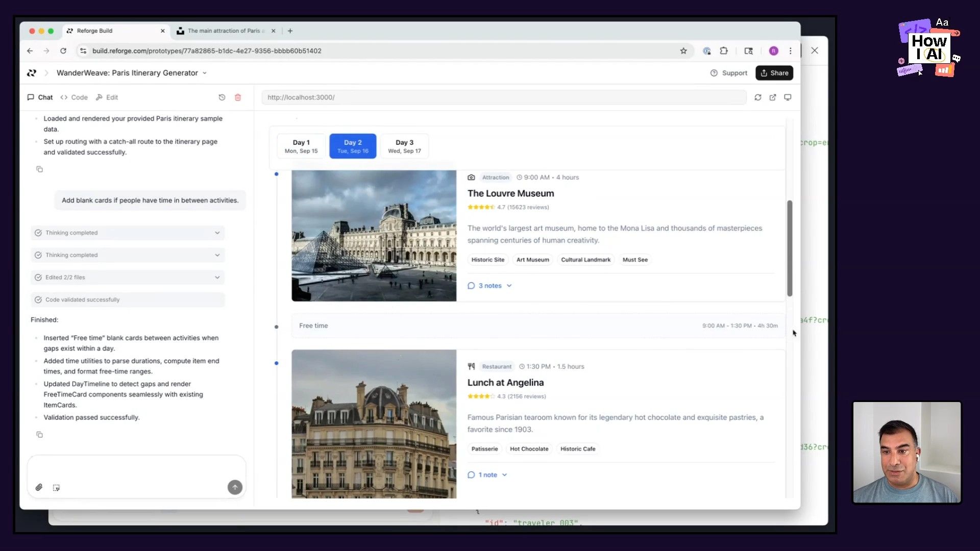 A 'WanderWeave' AI prototype demonstrates a Paris itinerary generator, displaying the generation process logs and a detailed itinerary for Day 1, including hotel and dining suggestions.