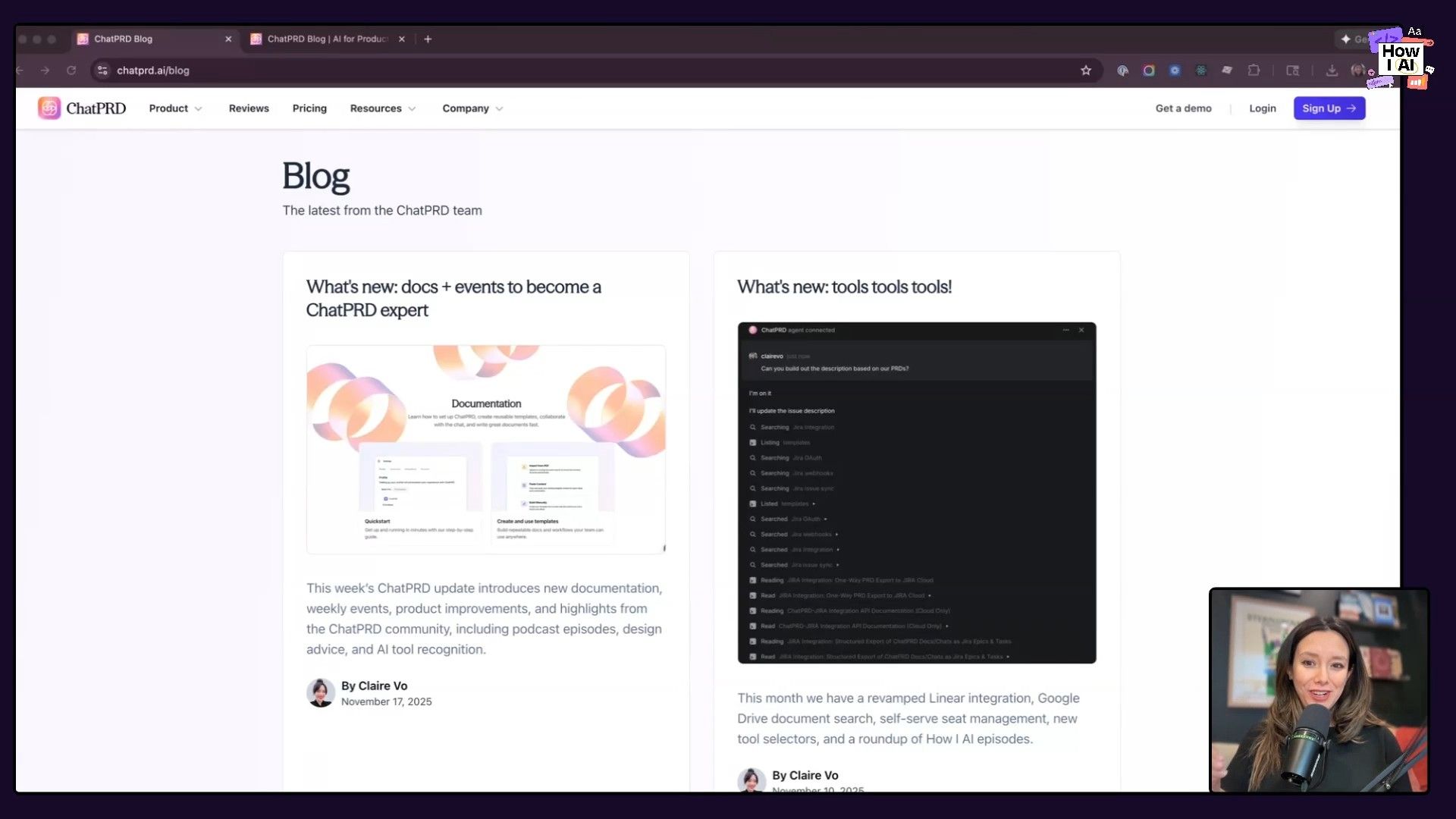 A user interacts with an AI assistant, likely ChatPRD, directly within a web browser while viewing the ChatPRD blog. The AI tool displays an instruction ('Can you build out the description based on our PRDs?') along with its processing steps and search results related to Jira integration.