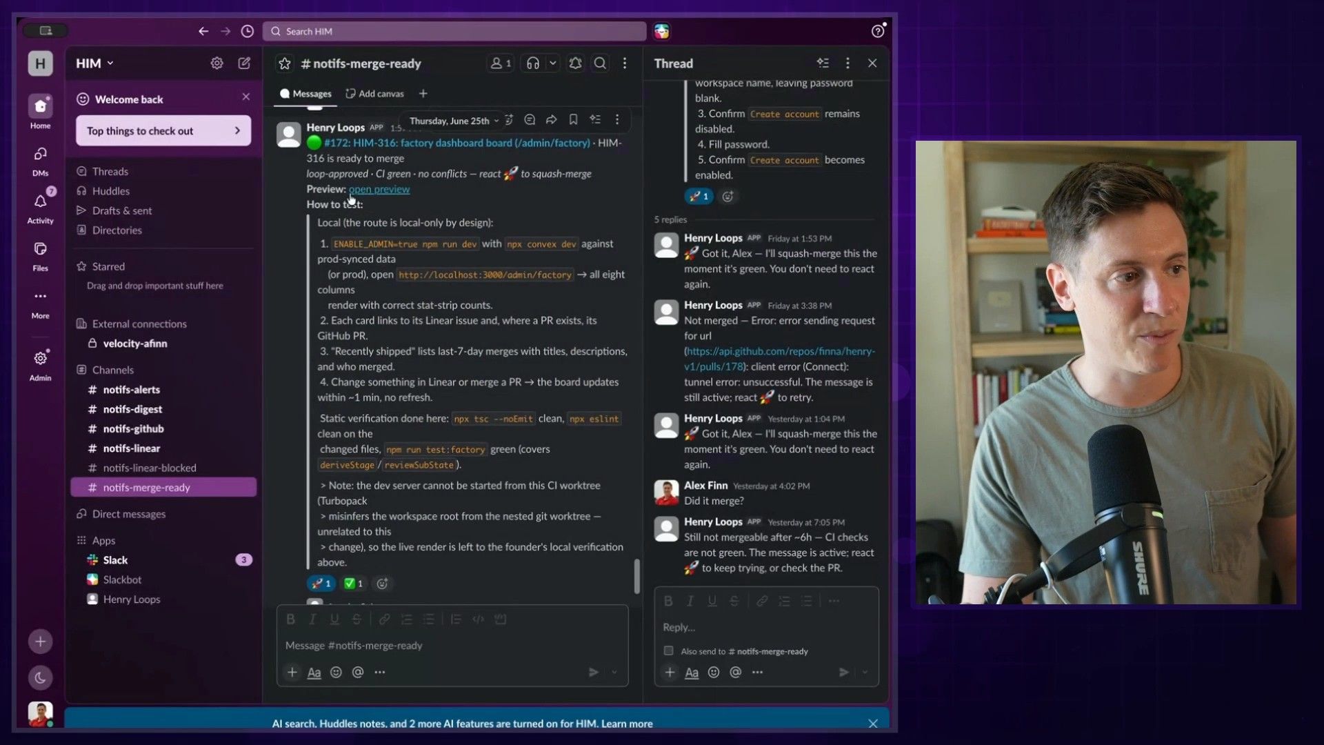 The Slack message showing the merge-ready feature and the rocket emoji reaction