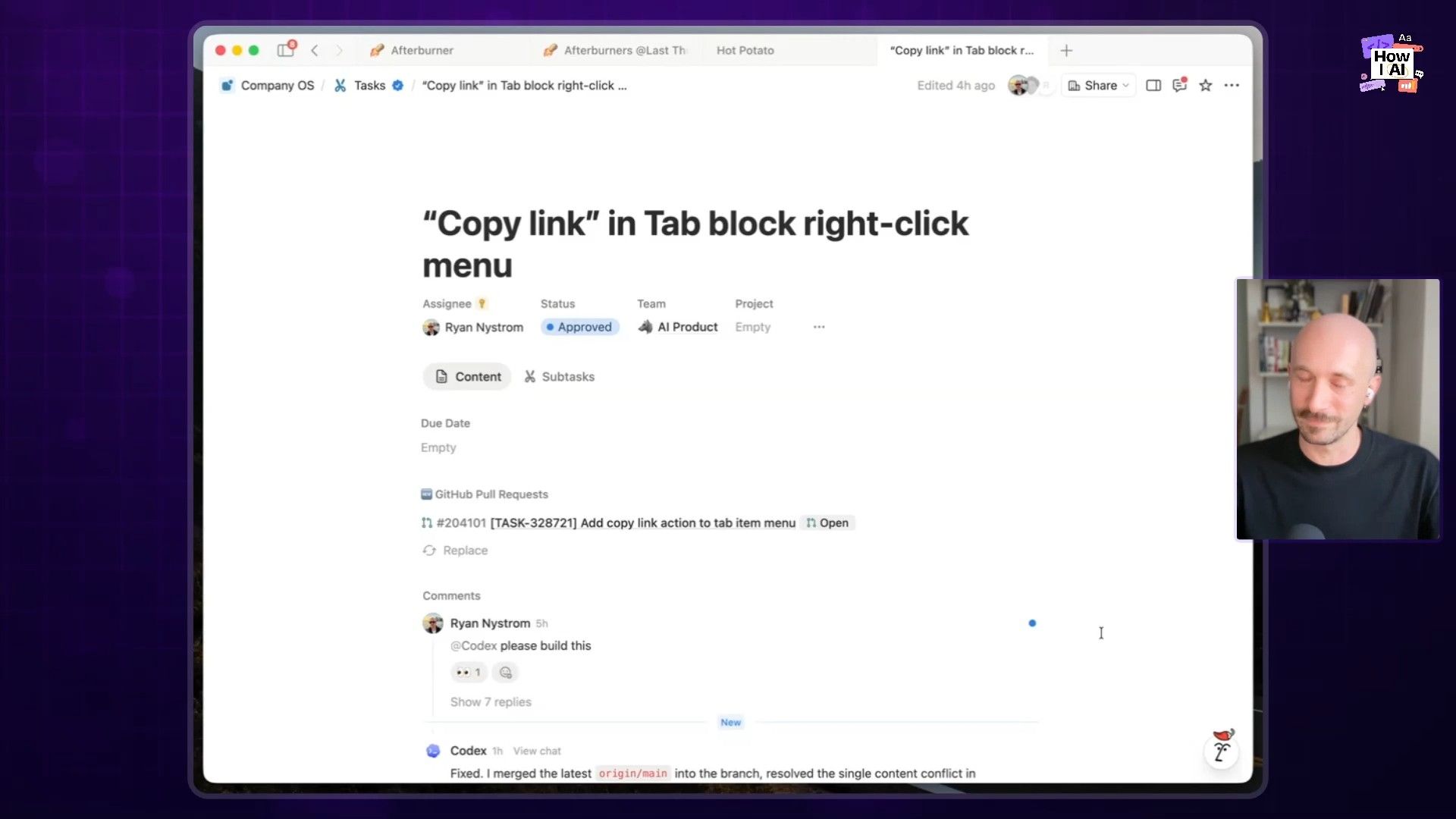 A Notion task page detailing the 'Copy link in Tab block right-click menu' feature, showcasing task assignments, approval status, linked GitHub PRs (#204101 [TASK-328721]), and developer comments, including a git merge confirmation into 'origin/main'.