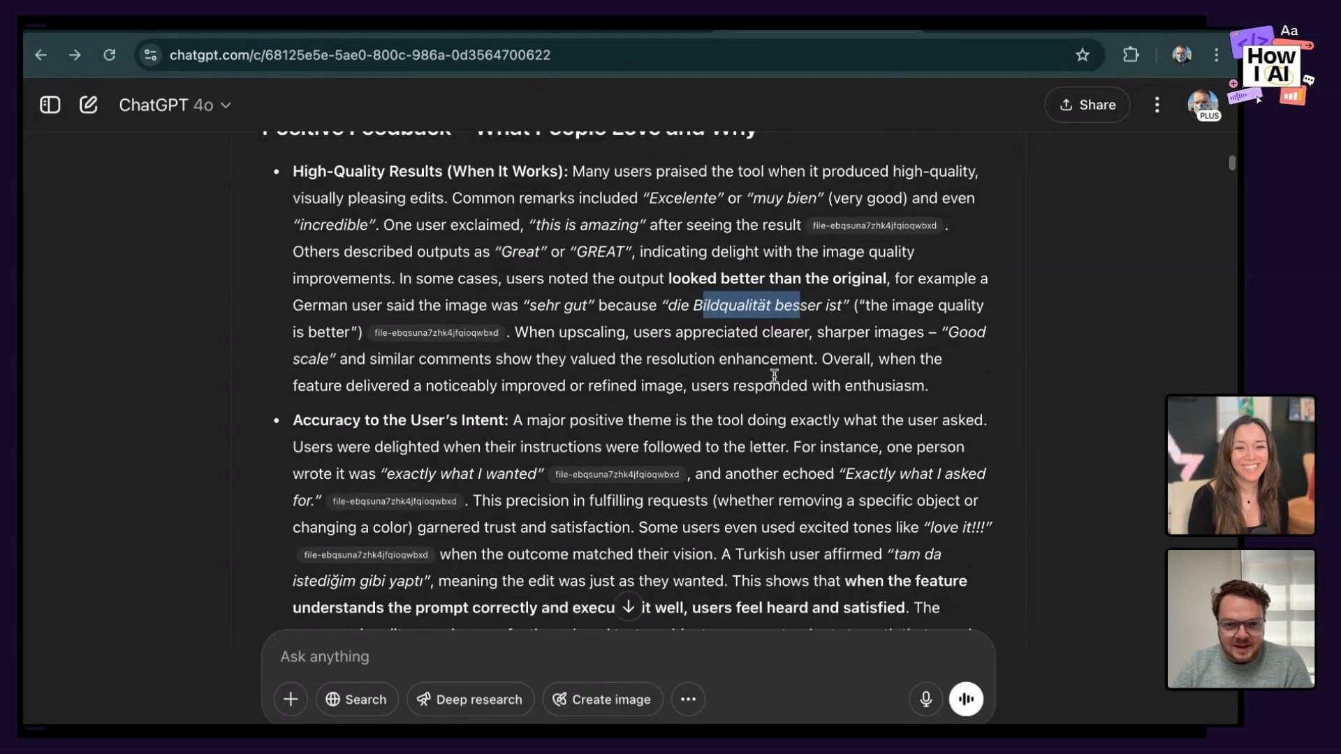 ChatGPT's capabilities in action: an AI-generated analysis of user feedback on an AI image editing feature, demonstrating its ability to categorize and summarize detailed qualitative data.