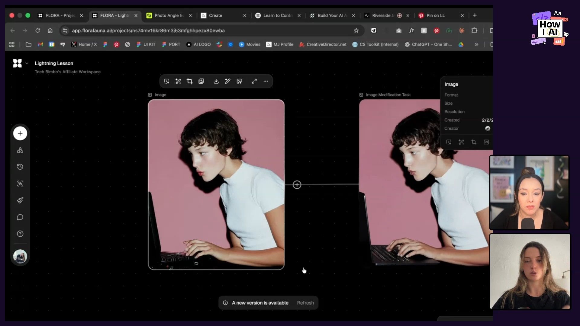 The Flora Fauna AI platform displaying an 'Image Modification Task' with an input image shown side-by-side within its dark-themed user interface.