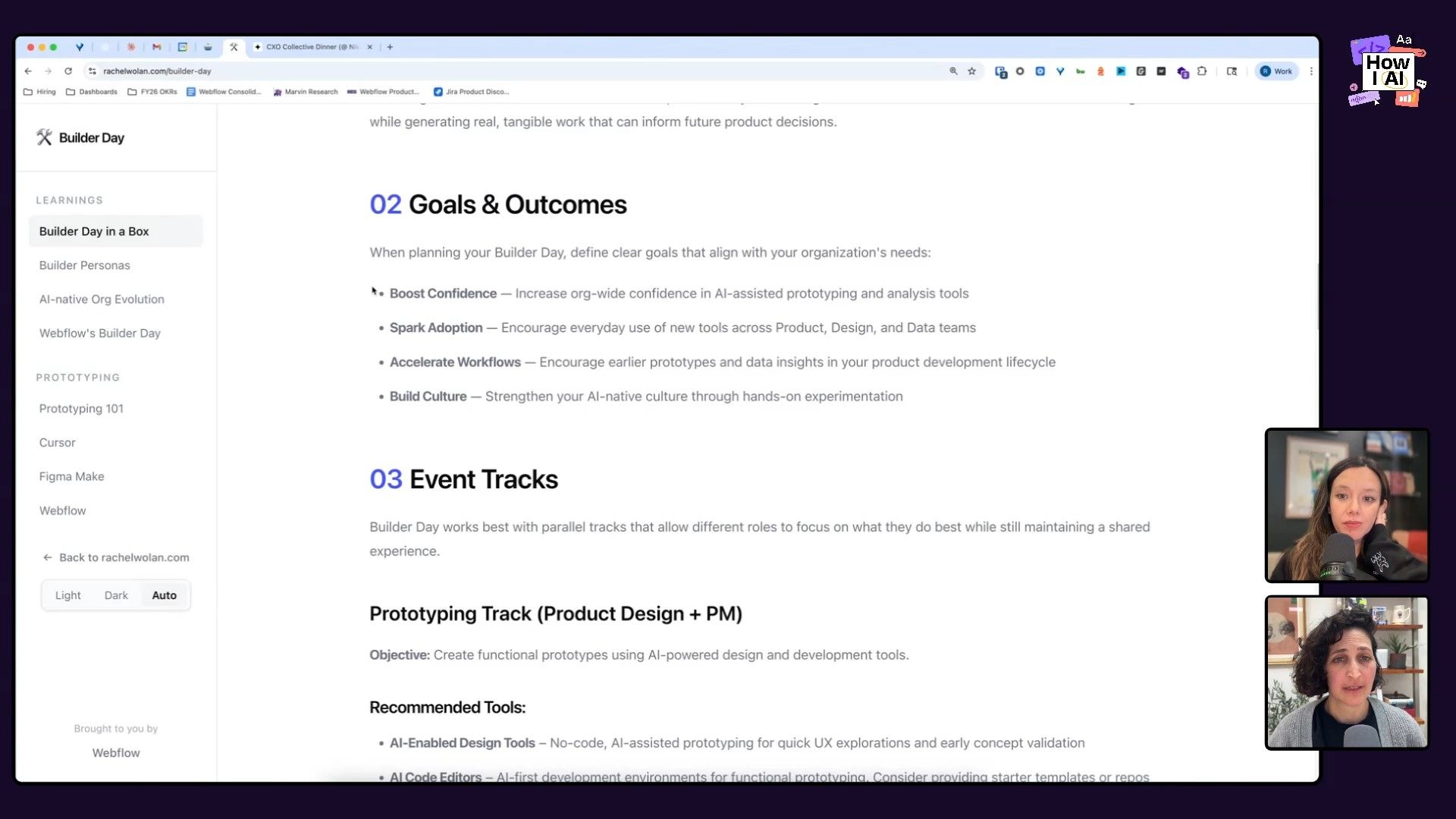 A detailed web page outlines the 'Builder Day' initiative, emphasizing goals for AI-assisted prototyping, tool adoption, and workflow acceleration. The page also lists recommended AI-enabled design tools and AI code editors, providing a structured approach to integrating AI into product development.