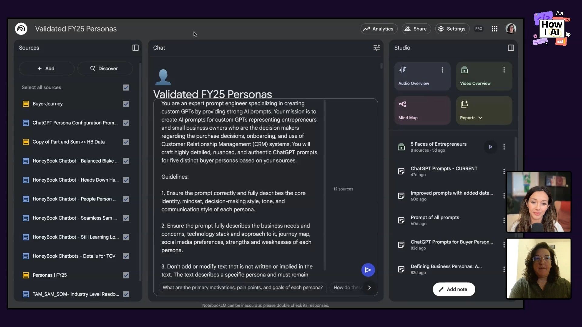 A detailed view of the NotebookLM interface, showcasing the 'Sources' panel with various research documents and the 'Chat' panel displaying a comprehensive AI prompt for creating 'Validated FY25 Personas'. The 'Studio' panel highlights related project assets and 'ChatGPT Prompts'.
