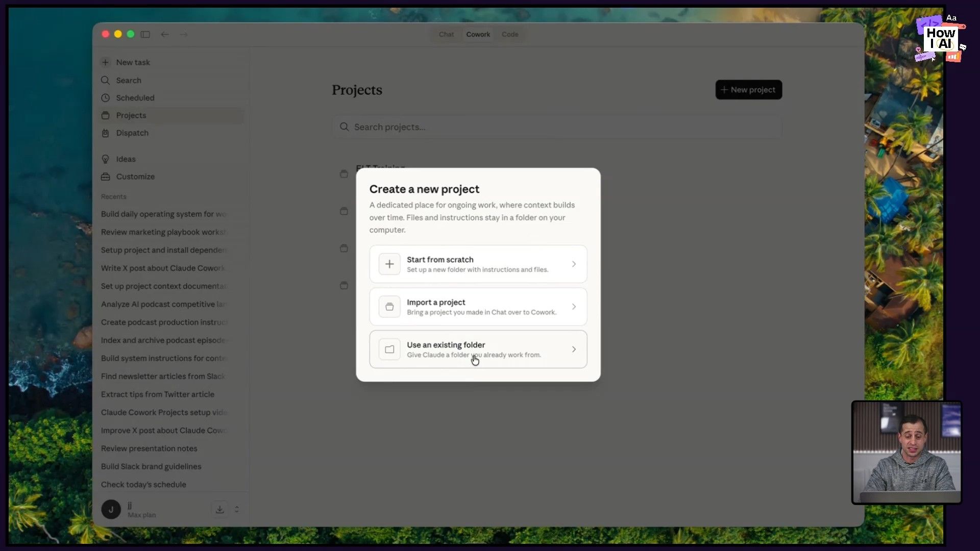 The Cowork Project interface, showing the chat list, the 'Context' panel with folder and memory, and the 'Instructions' panel