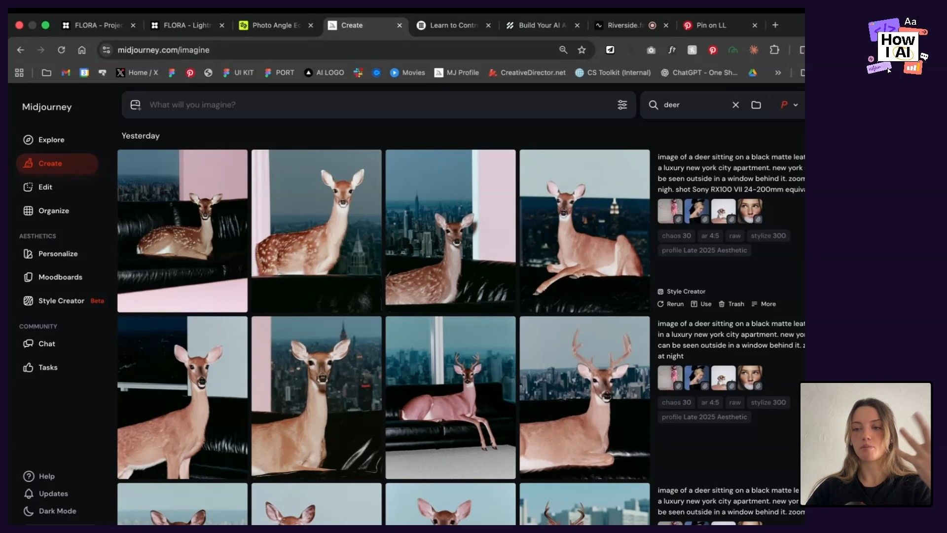 A detailed look at the Midjourney AI interface, showing a prompt requesting 'a deer on a black matte leather couch in a luxury new york city apartment' and the resulting generated image, alongside various creative controls and options.