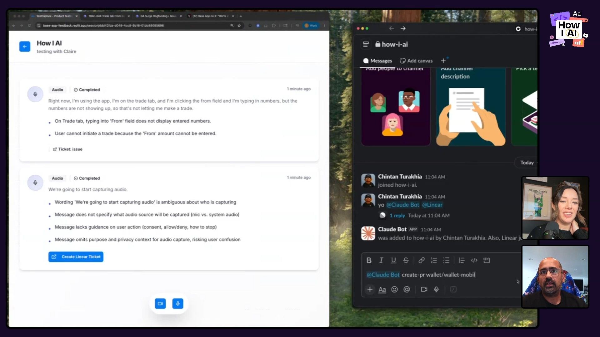 An AI-powered workflow in action: A 'Claude Bot' command is entered in a chat interface (right) to automatically create a ticket, confirmed by the 'Ticket created' notification in the Linear UI (left).