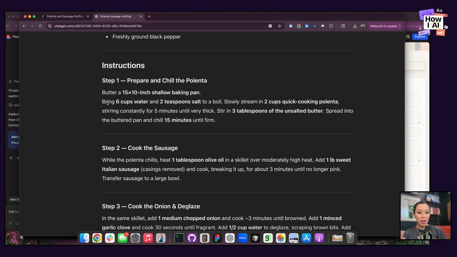 A clear view of the ChatGPT interface displaying a well-formatted recipe for 'Polenta & Sausage Stuffing', complete with description, servings, cook time, and a detailed list of ingredients. The screenshot highlights ChatGPT's ability to generate structured content like recipes, with the podcast host visible in the corner.