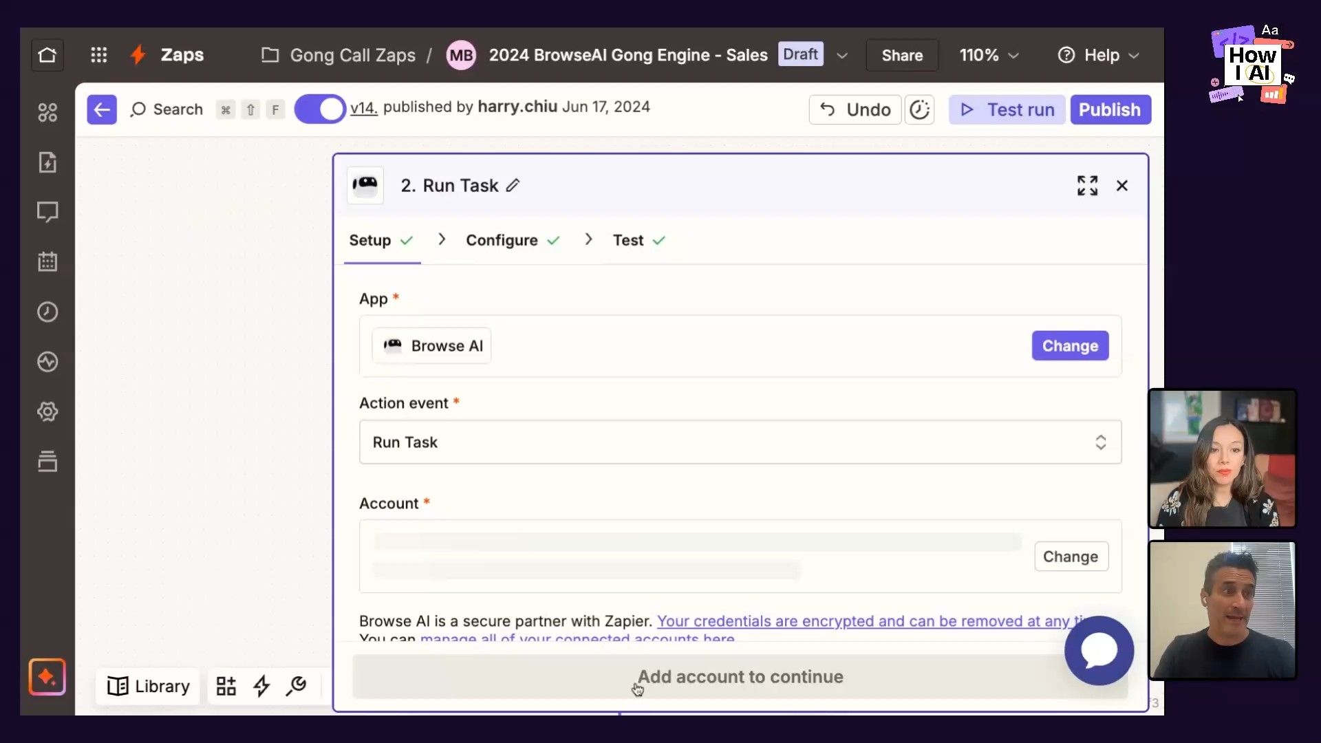 A detailed view of the Zapier interface, showing the 'Setup' phase for a 'New Call' trigger within the '2024 BrowseAI Gong Engine - Sales' workflow, which likely integrates with Gong for call data and BrowseAI for data extraction. Options for 'Accessible Workspaces' and 'Available Saved Searches' are displayed.