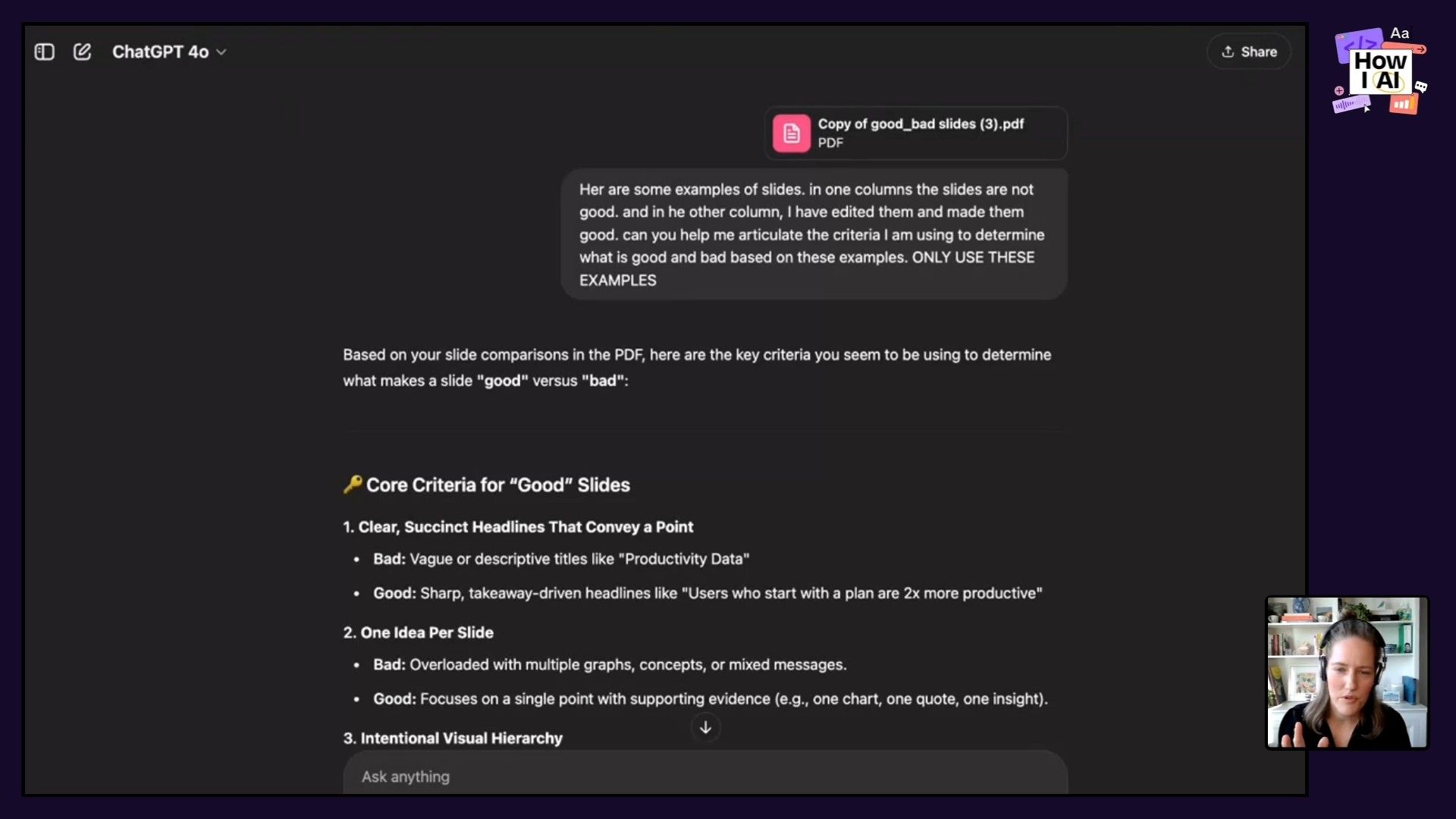 ChatGPT 4o analyzes user-provided slide examples to generate a list of core criteria for effective slide design, including principles like 'Clear, Succinct Headlines' and 'One Idea Per Slide'.