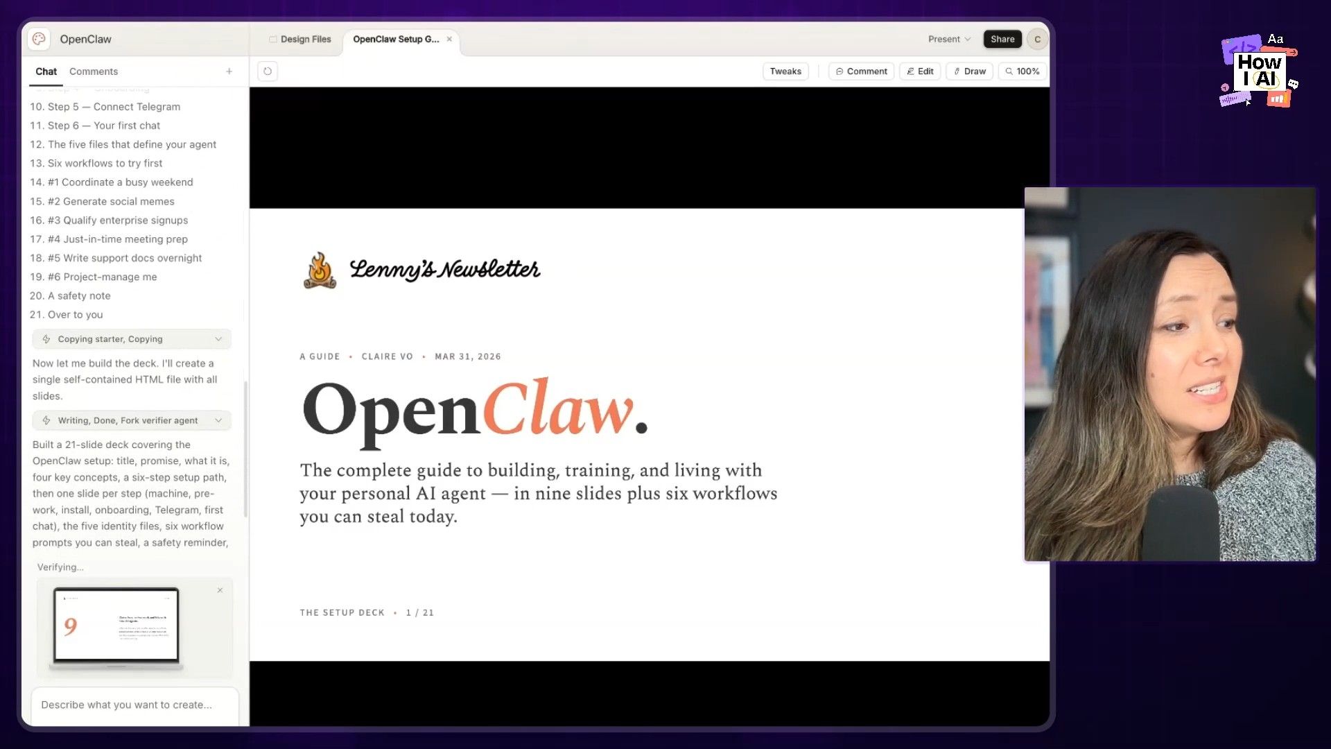 The generated slide deck showing the Open Claude content with the cute fake terminal