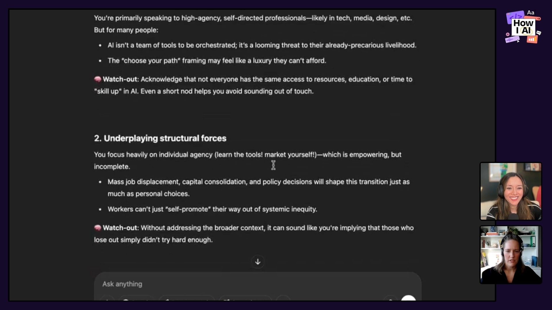 A look inside ChatGPT, where a user is prompted to identify potential blind spots related to their current discussion, after reviewing an AI-assisted text rewrite example. This highlights interactive AI use during a podcast recording.
