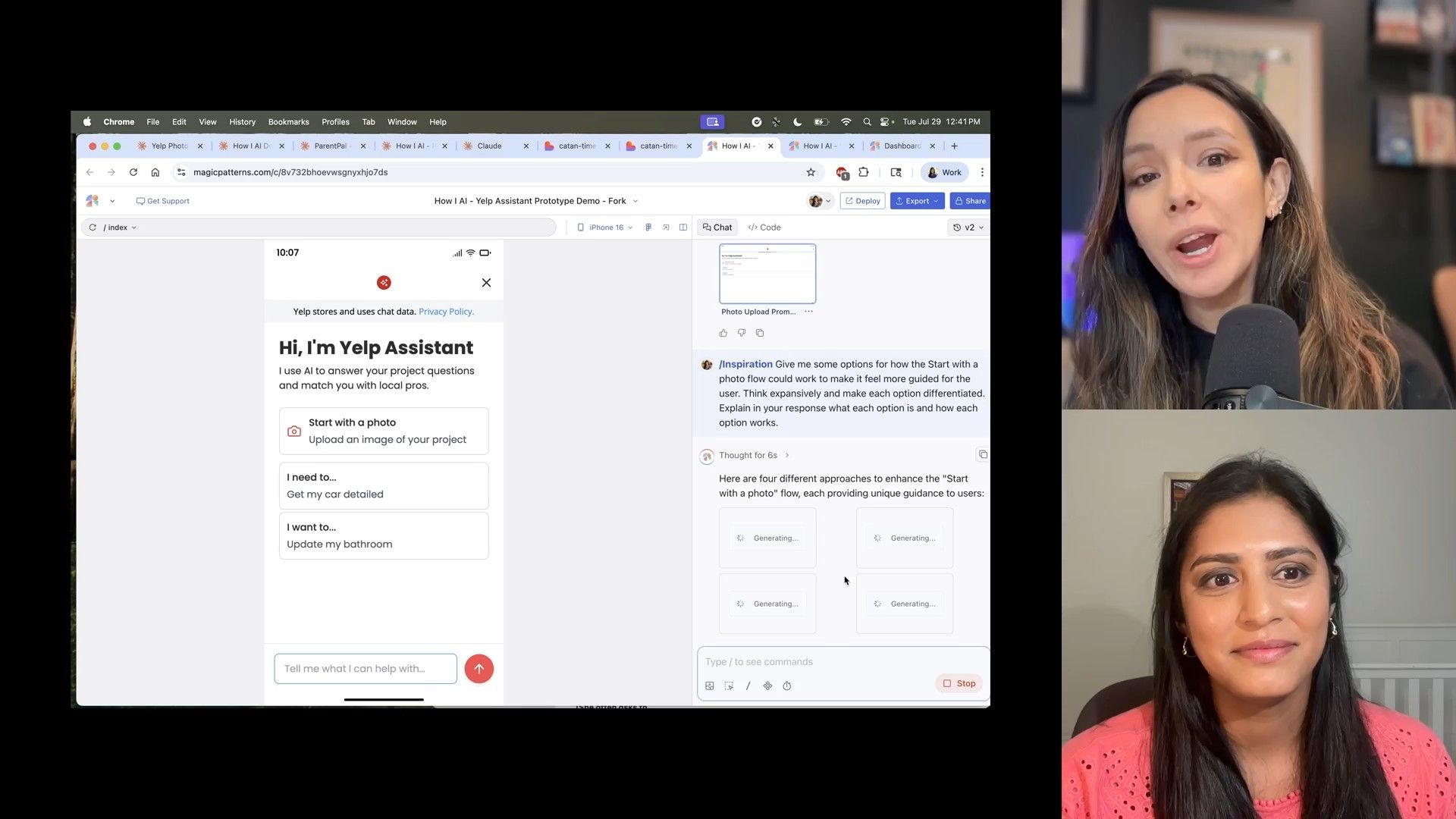 Magic Patterns' Inspiration Mode demonstrates AI-powered UI generation for a 'photo upload' flow, creating distinct design options within a Yelp AI Assistant prototype.