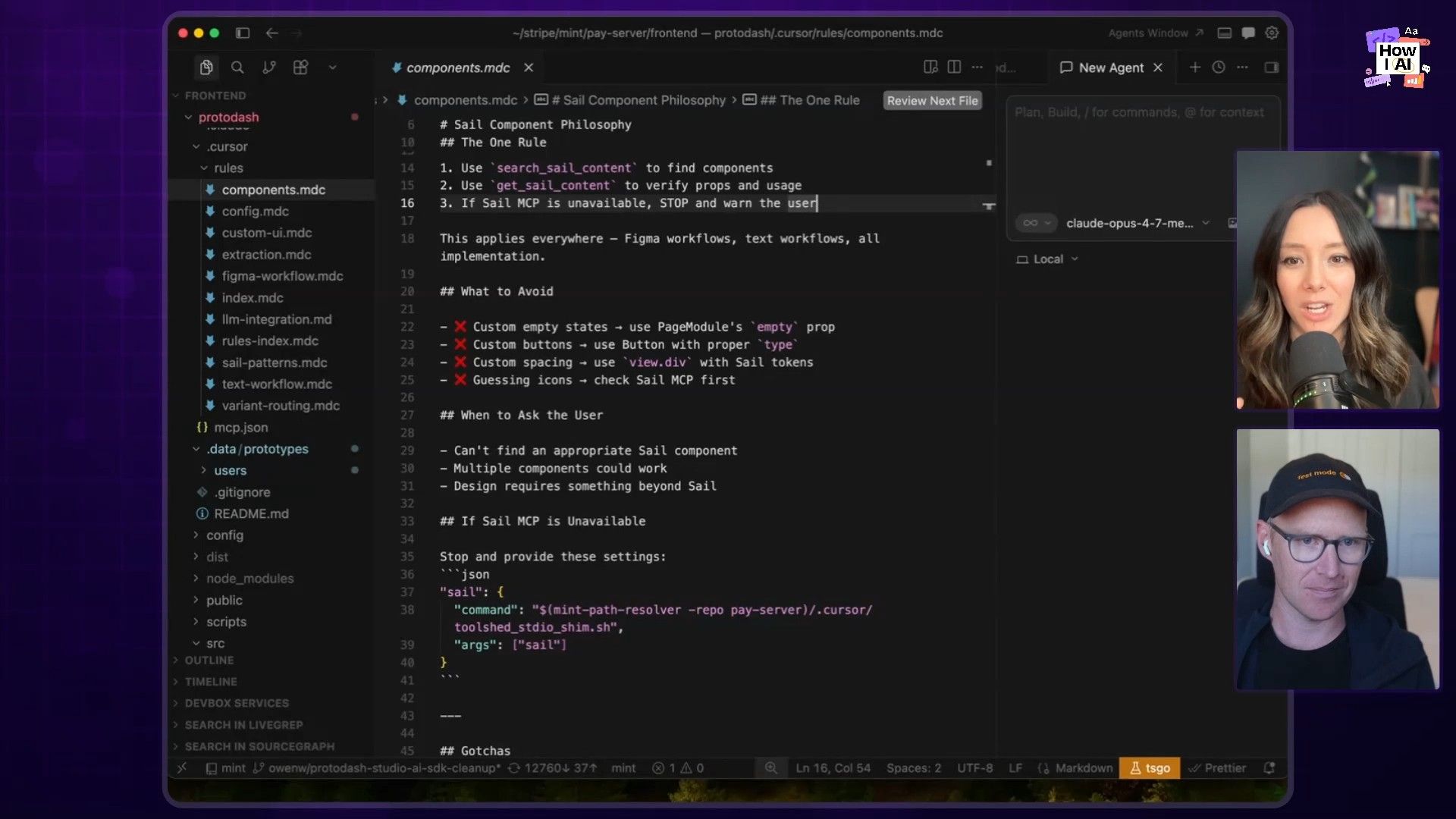 A developer's screen showcasing VS Code with 'Sail Component Philosophy' guidelines in a markdown file, including a JSON configuration for a 'sail' command, alongside an AI agent interface, while podcast presenters discuss the content.