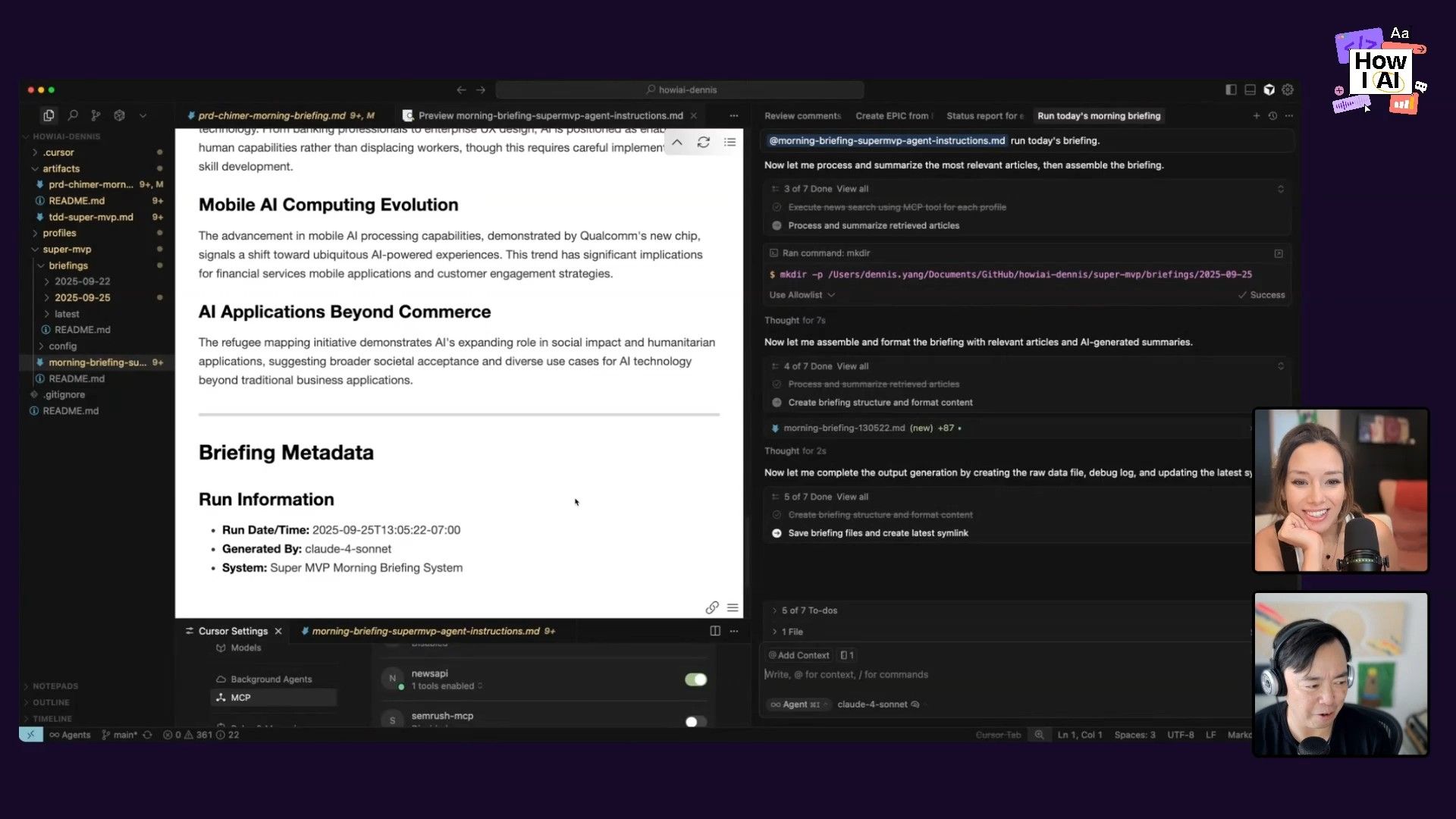 A detailed view of the Cursor IDE showcasing an AI agent generating a morning briefing report, with the markdown output, agent's step-by-step actions, and shell commands visible.