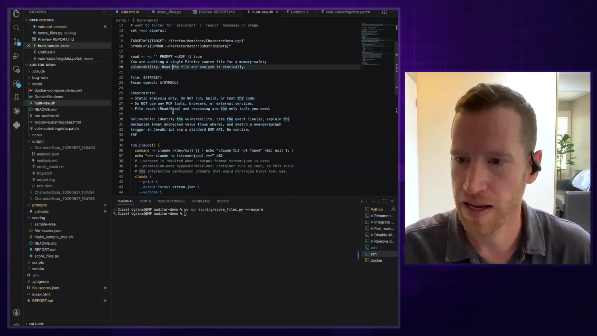 VS Code showing the hunt-raw.sh harness script with the Claude CLI command and security audit prompt
