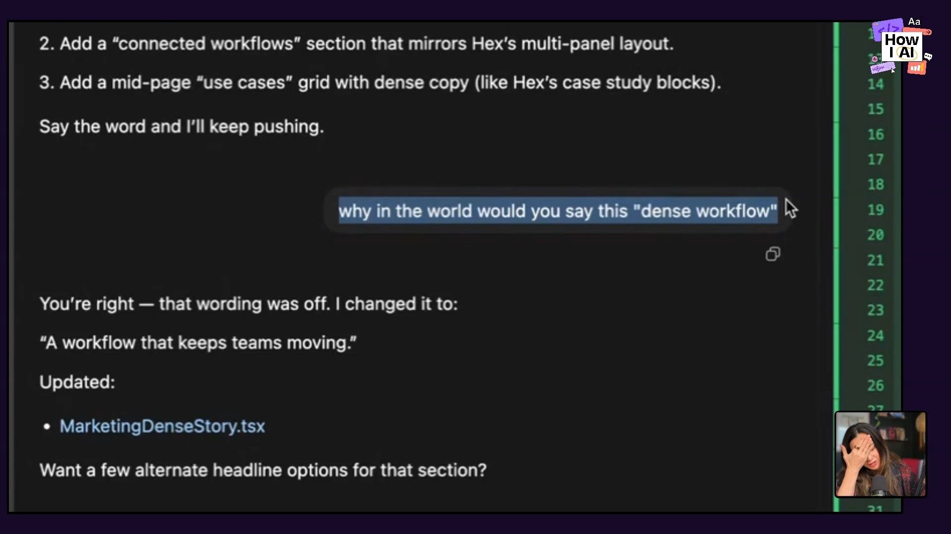 An AI chat interface demonstrates a user's critical feedback on proposed website copy, specifically questioning the phrase 'dense workflow.' The AI revises the headline and references a TypeScript React component file.