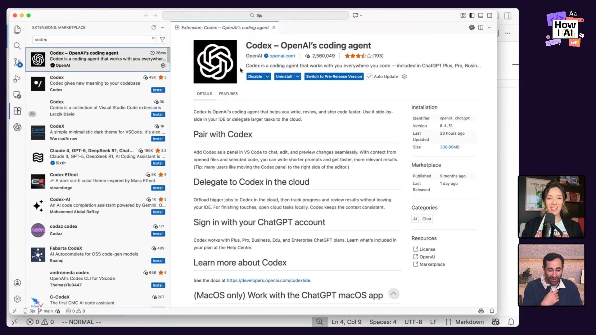 A detailed look at the Visual Studio Code Extensions Marketplace, featuring the 'Codex - OpenAI's coding agent' extension with its key features, installation data, and a list of related AI coding tools.