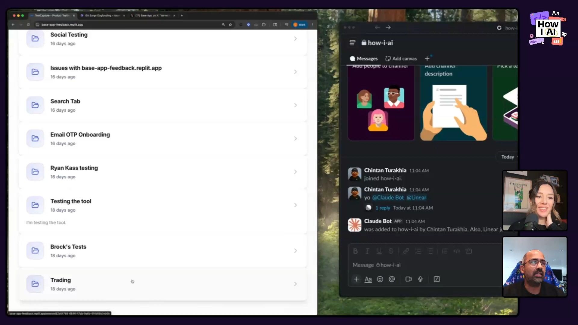 A split-screen view showing a 'TestCapture' product feedback application on the left and a 'how-i-ai' chat application (possibly Slack) on the right, where a 'Claude Bot' is interacting with users. This demonstrates internal tools for feedback collection and AI integration in a communication platform.