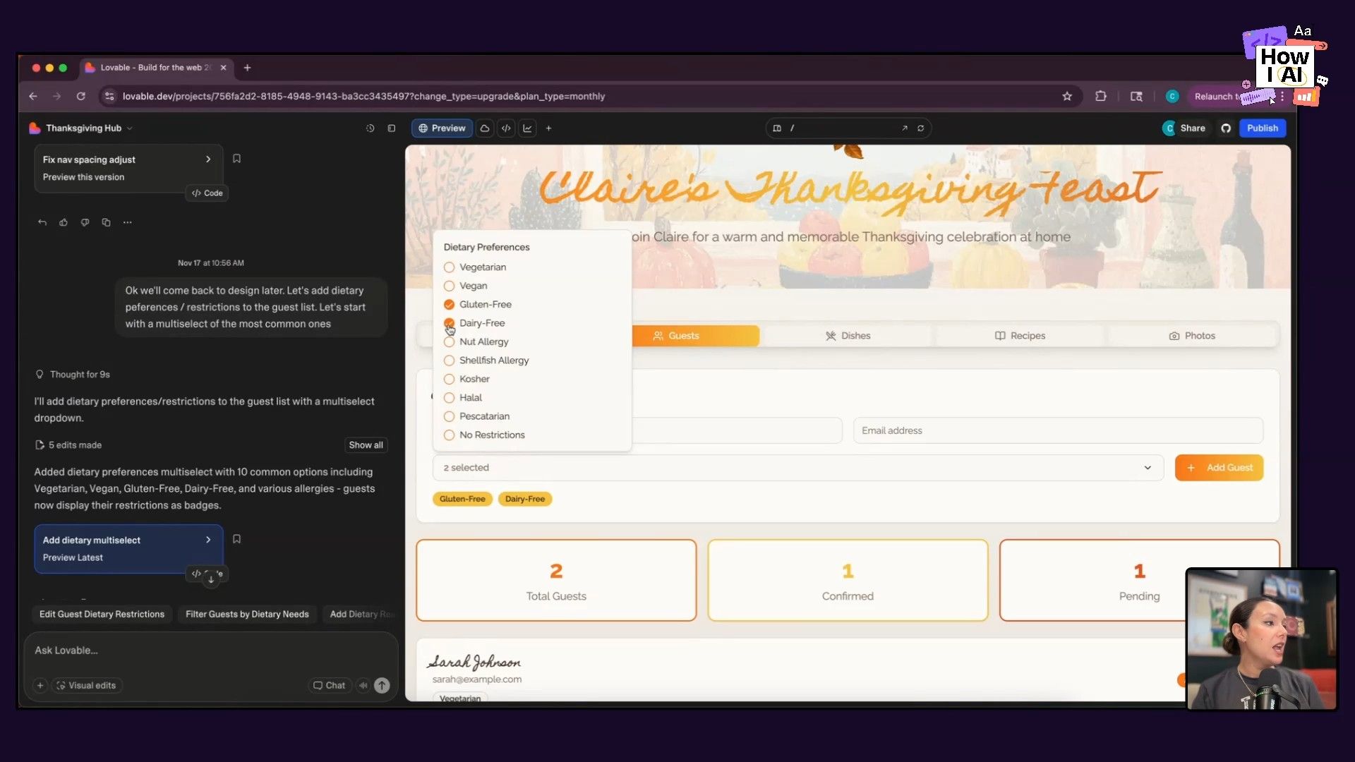 A web application demonstrating guest list management for a 'Thanksgiving Feast', featuring dietary restriction selections, alongside an AI-powered chat discussing the implementation of these multi-select dietary preference features.