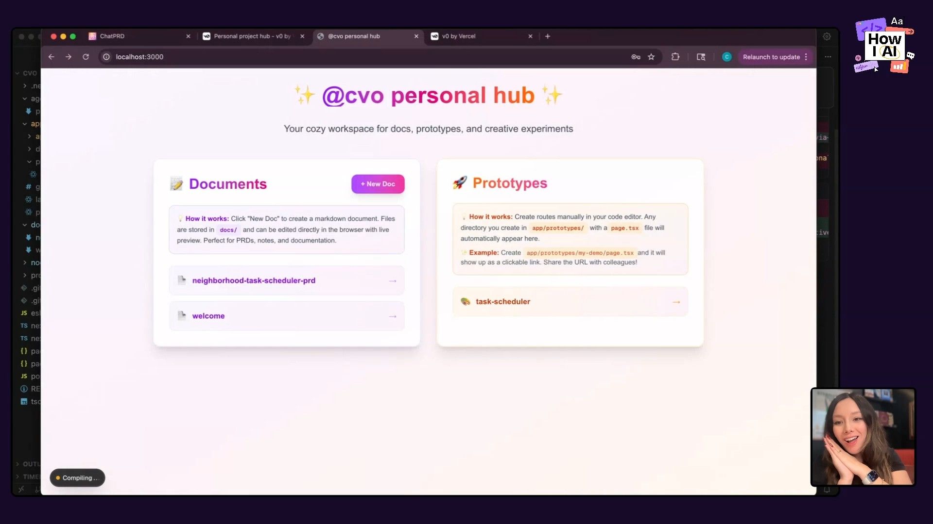 A developer uses an AI assistant within a VS Code-like environment to collaboratively redesign a web application's homepage, with the project files, code, and AI conversation clearly visible.